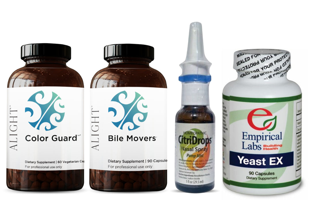 Four supplement products: Alight Color Guard, Alight Bile Movers, CitriDrops Nasal Spray, and Empirical Labs Yeast EX.