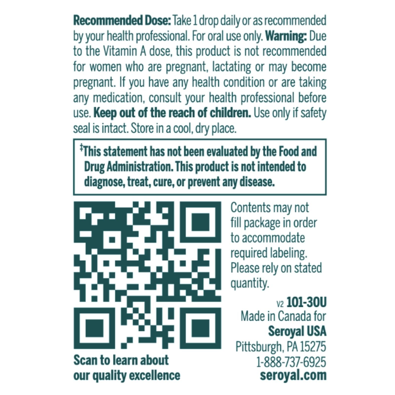 Product label with text and a QR code, including safety and usage instructions.