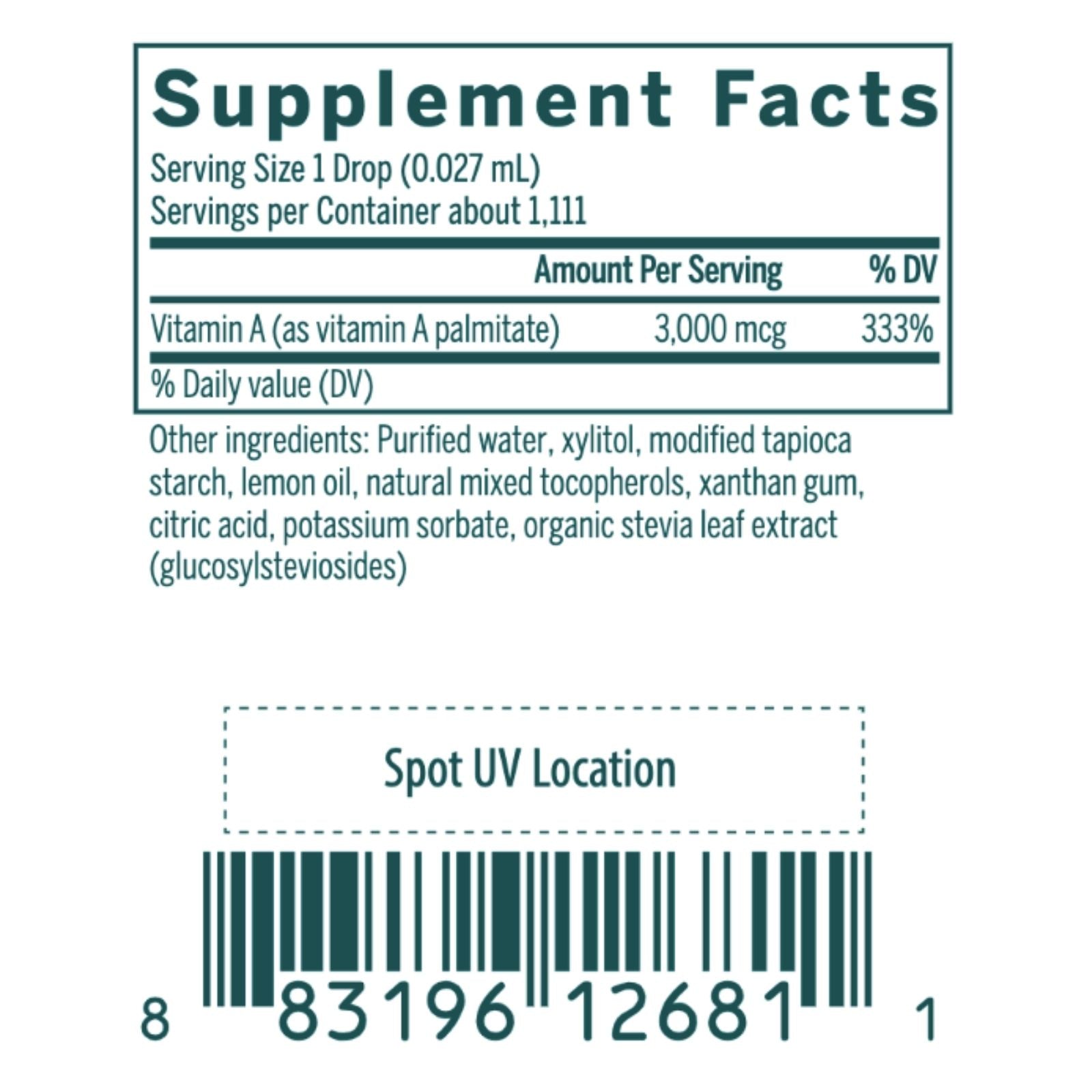 Supplement facts label with vitamin A content and ingredient list on a green background
