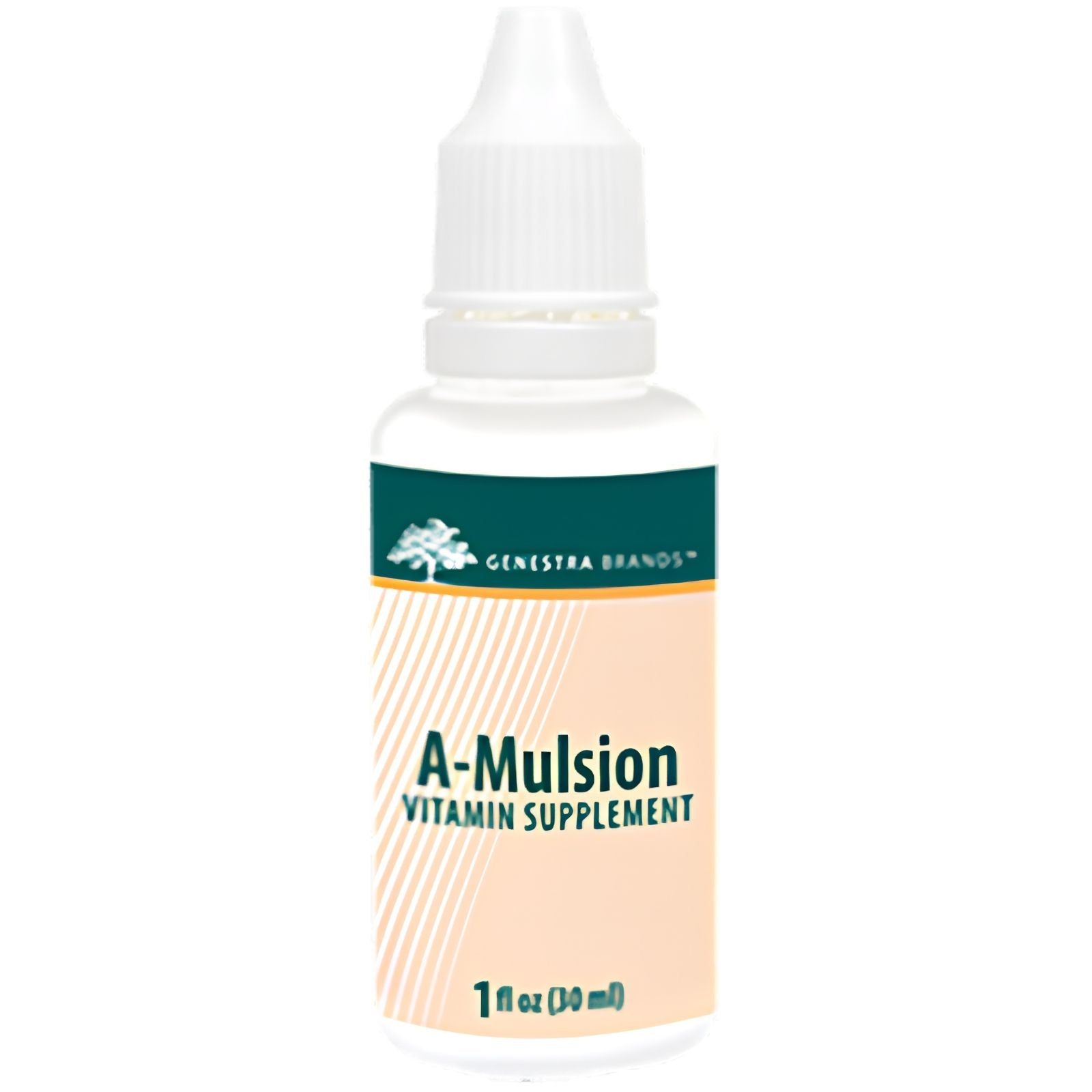 A bottle of Genestra Brands' A-Mulsion Vitamin Supplement, which is a clear liquid in a white bottle with a green and beige label.
