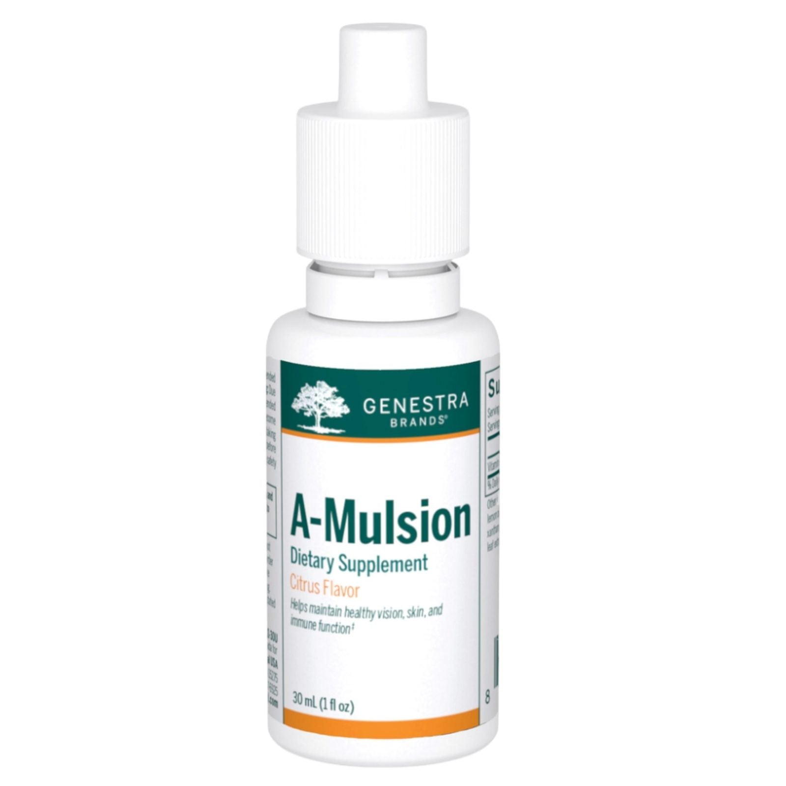 A bottle of Genestra Brands' A-Mulsion Vitamin Supplement, which is a clear liquid in a white bottle with a green and beige label.