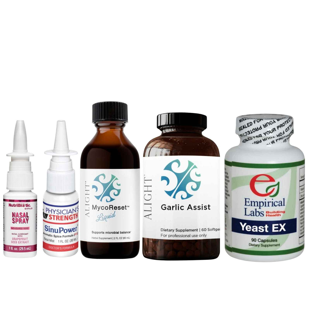 Collection of dietary supplement bottles on a white background