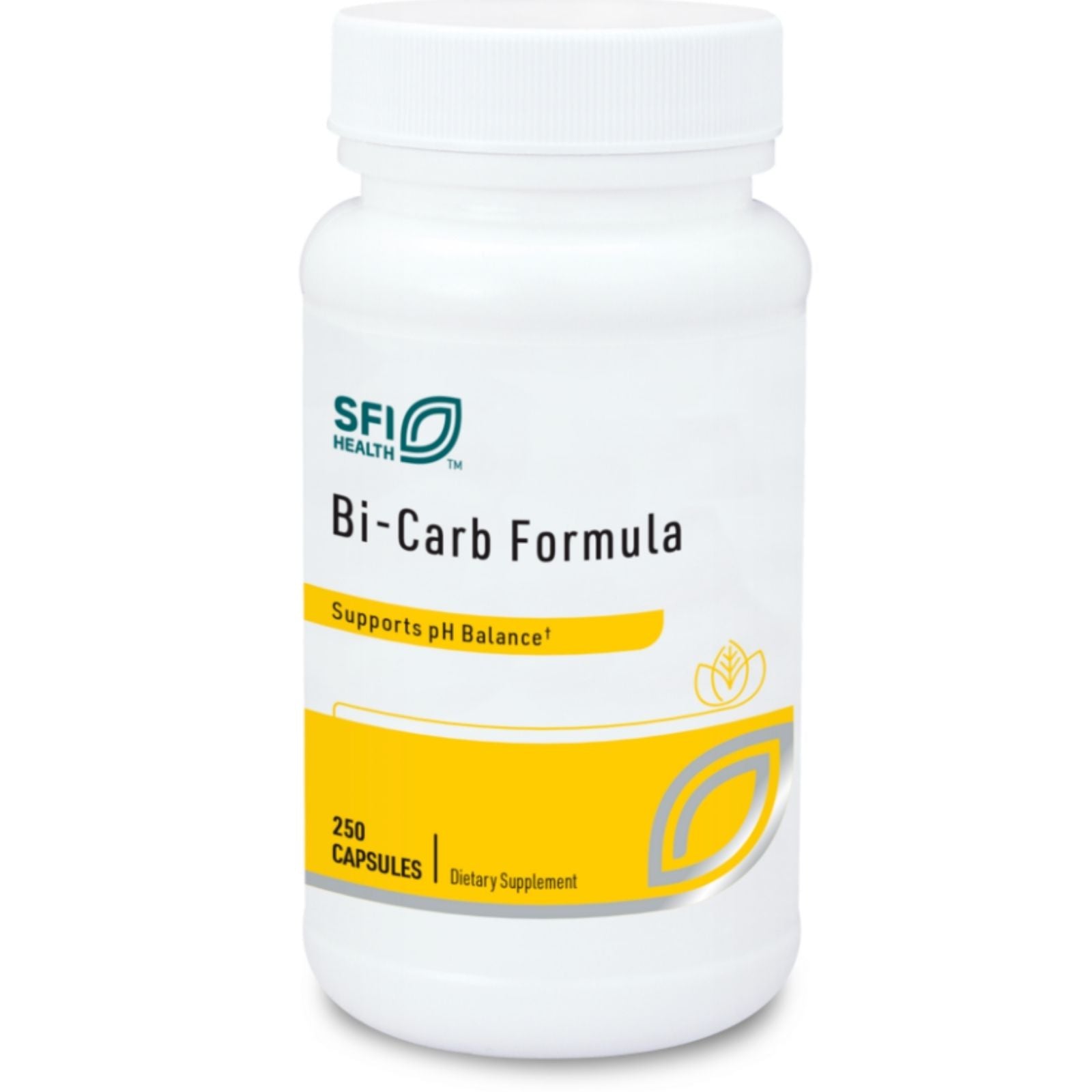 Supplement bottle labeled 'Bi-Carb Formula' by SFI Health on a white background