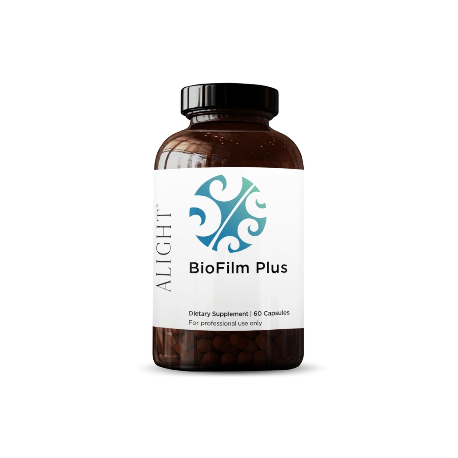 A bottle of BioFilm Plus dietary supplement with 120 capsules, labeled for use in supporting a healthy inflammatory response.