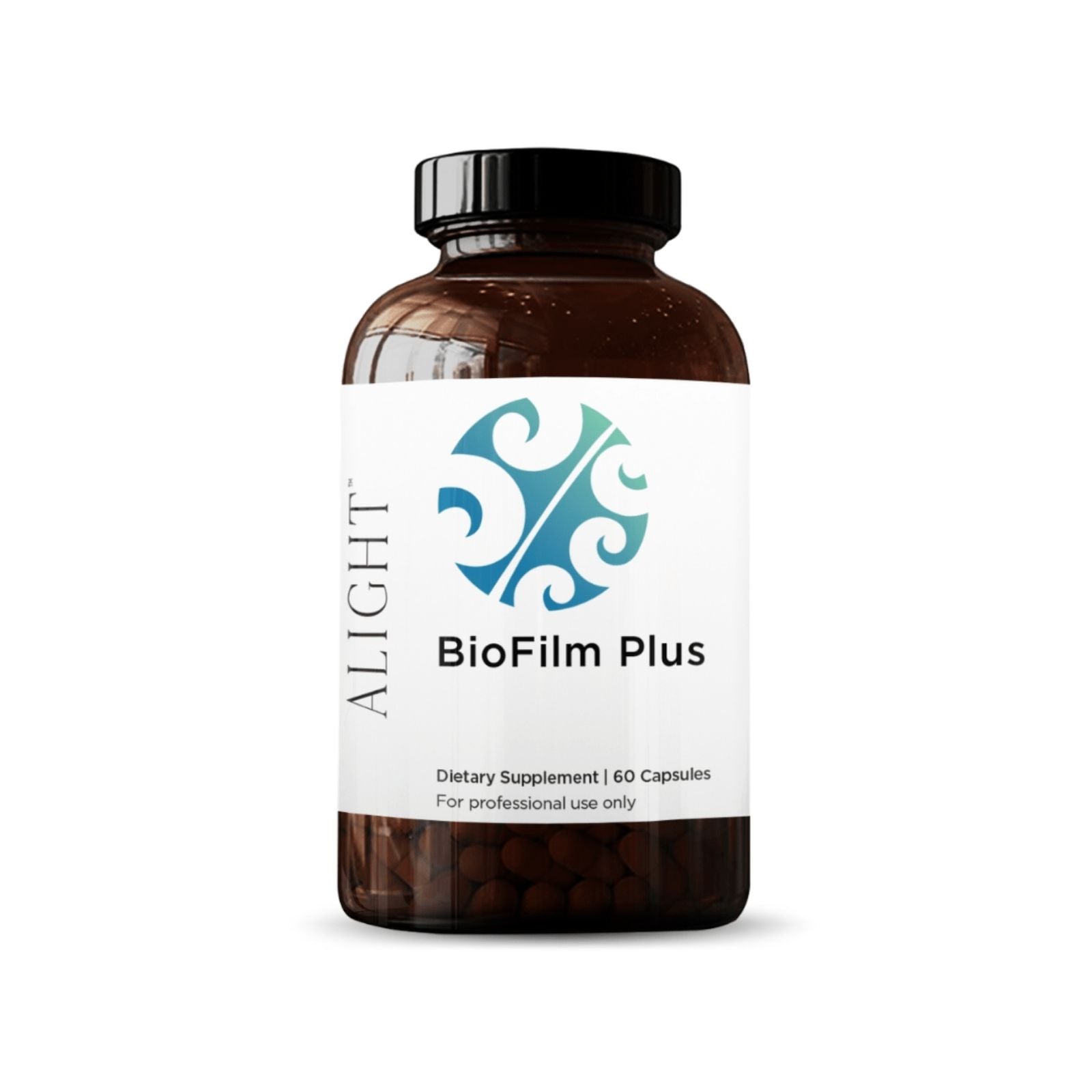A bottle of BioFilm Plus dietary supplement with 120 capsules, labeled for use in supporting a healthy inflammatory response.