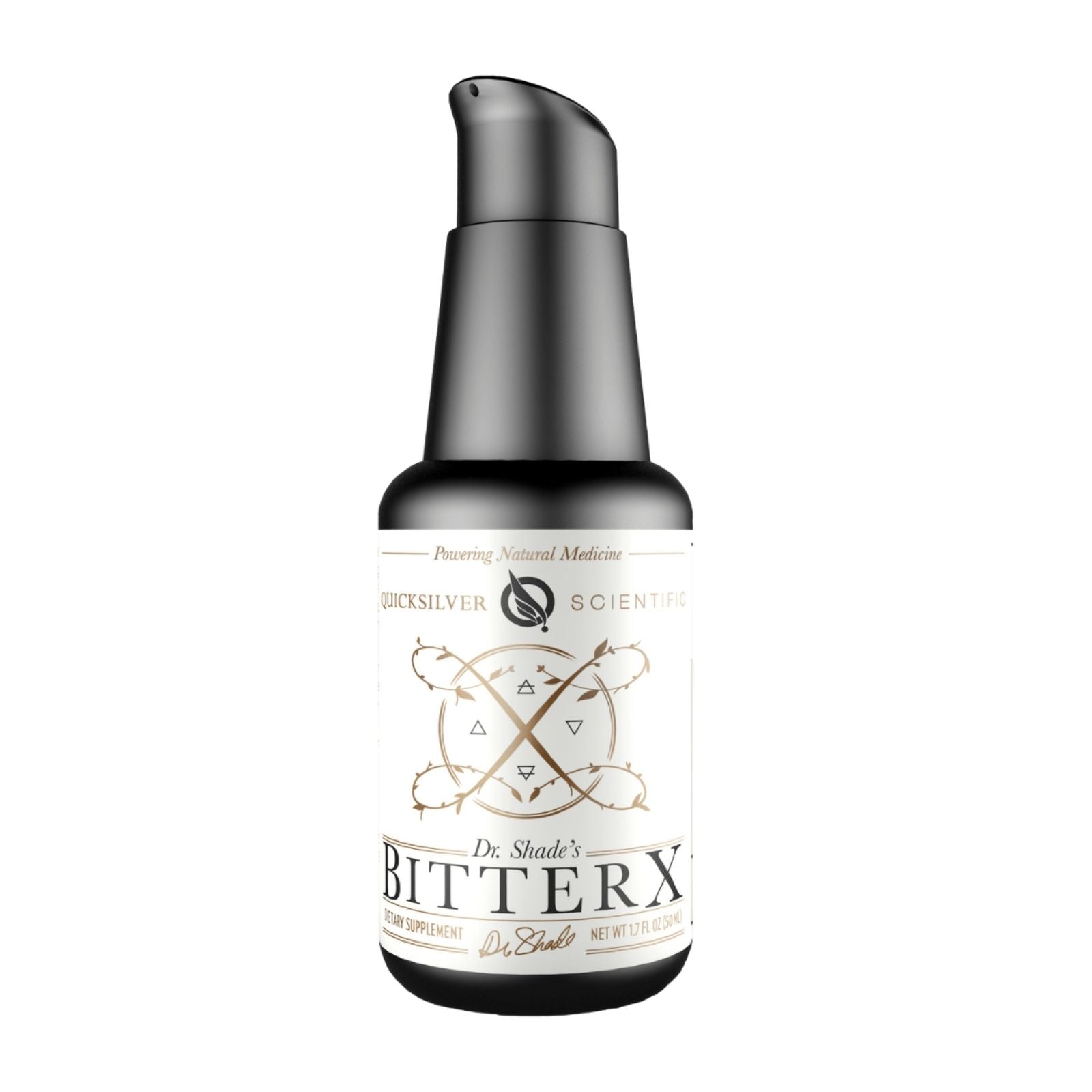 A bottle of BitterX supplement with a black pump dispenser, labeled with ingredients and usage information.
