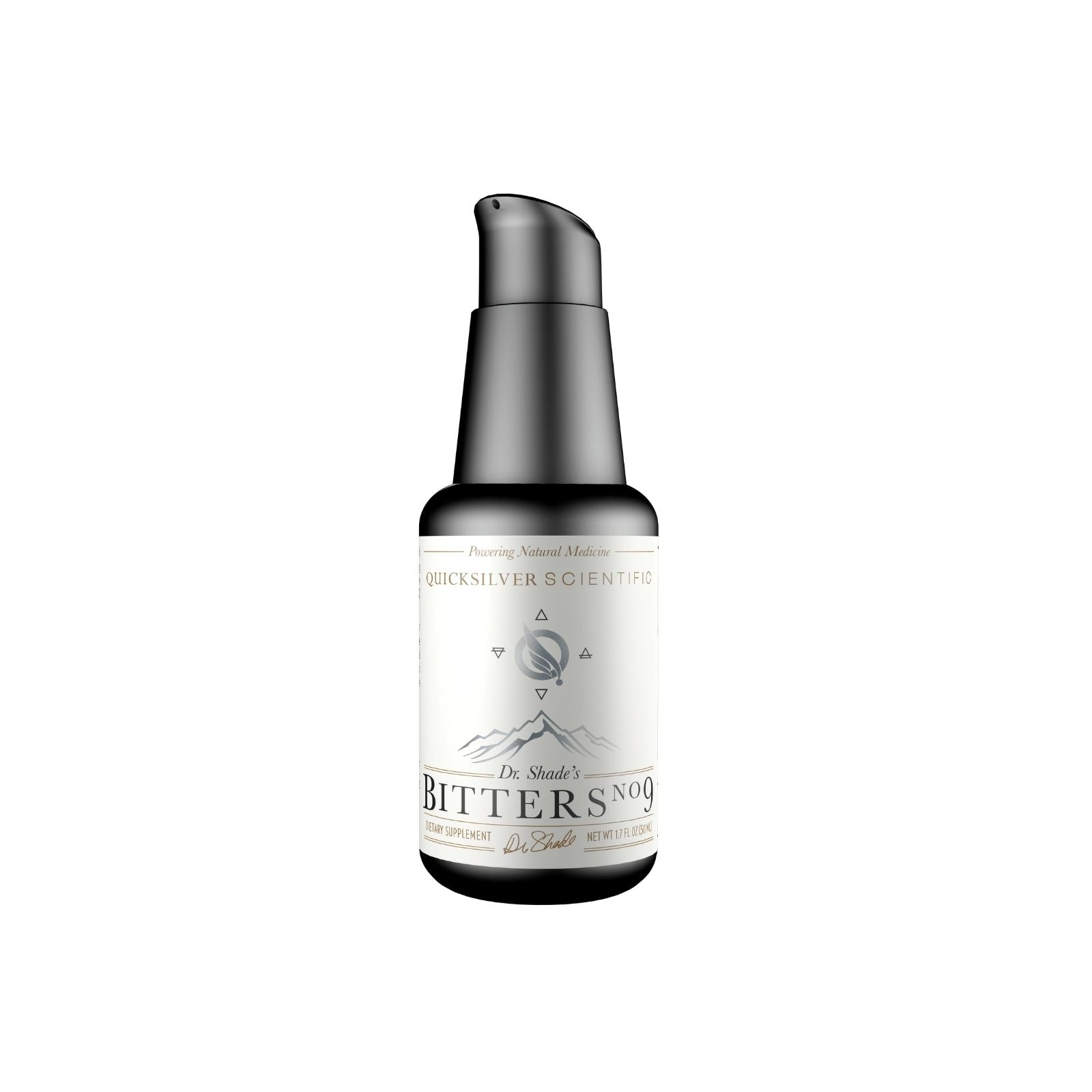 A bottle of Bitters No. 9 by Dr. Shade's with a white and black label, featuring a pump dispenser.