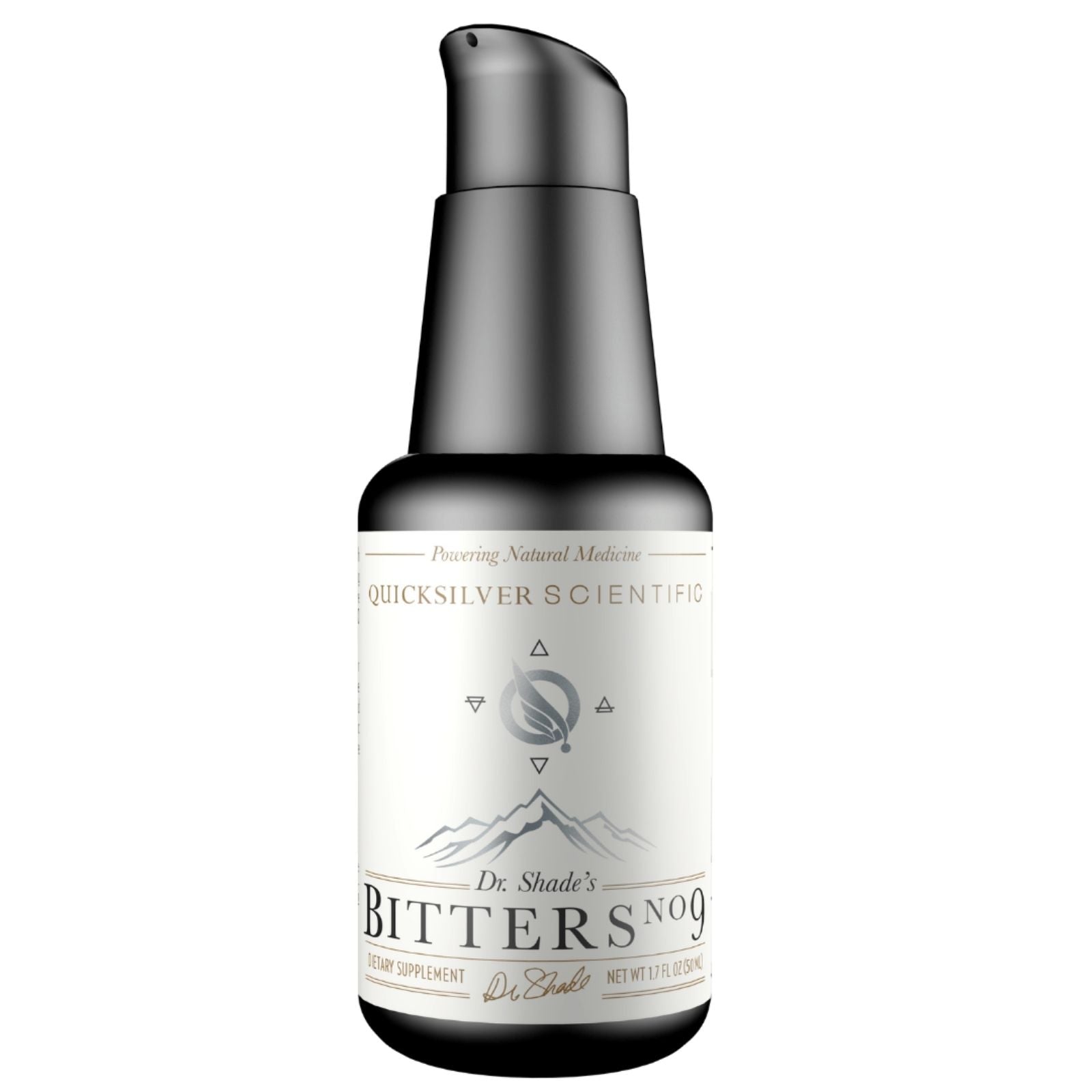 A bottle of Bitters No. 9 by Dr. Shade's with a white and black label, featuring a pump dispenser.