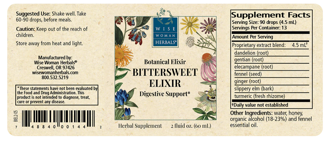 Bittersweet Elixir by Wise Woman Herbals supplement label
