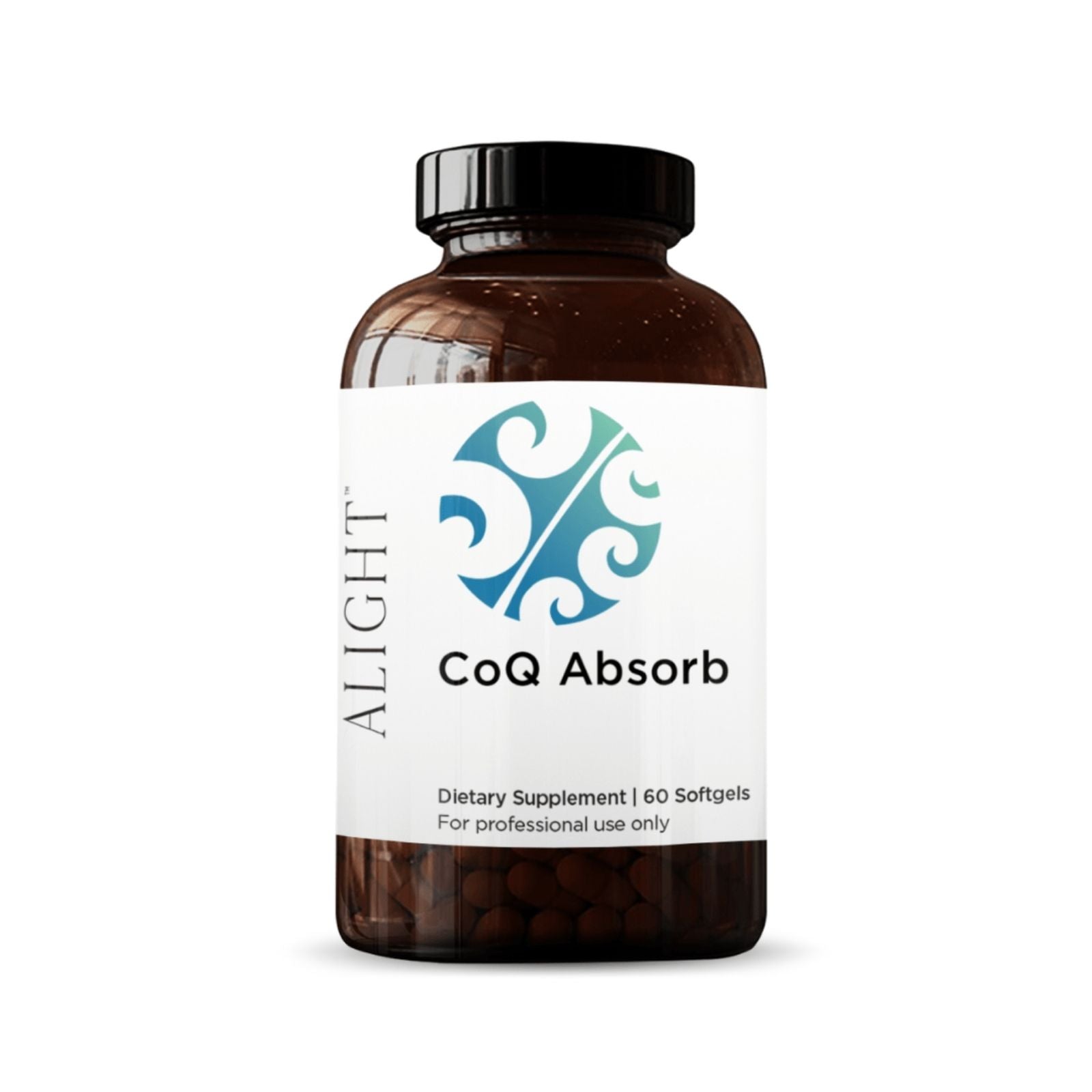 A bottle of CoQ Absorb dietary supplement with 60 softgels, indicating professional use only.