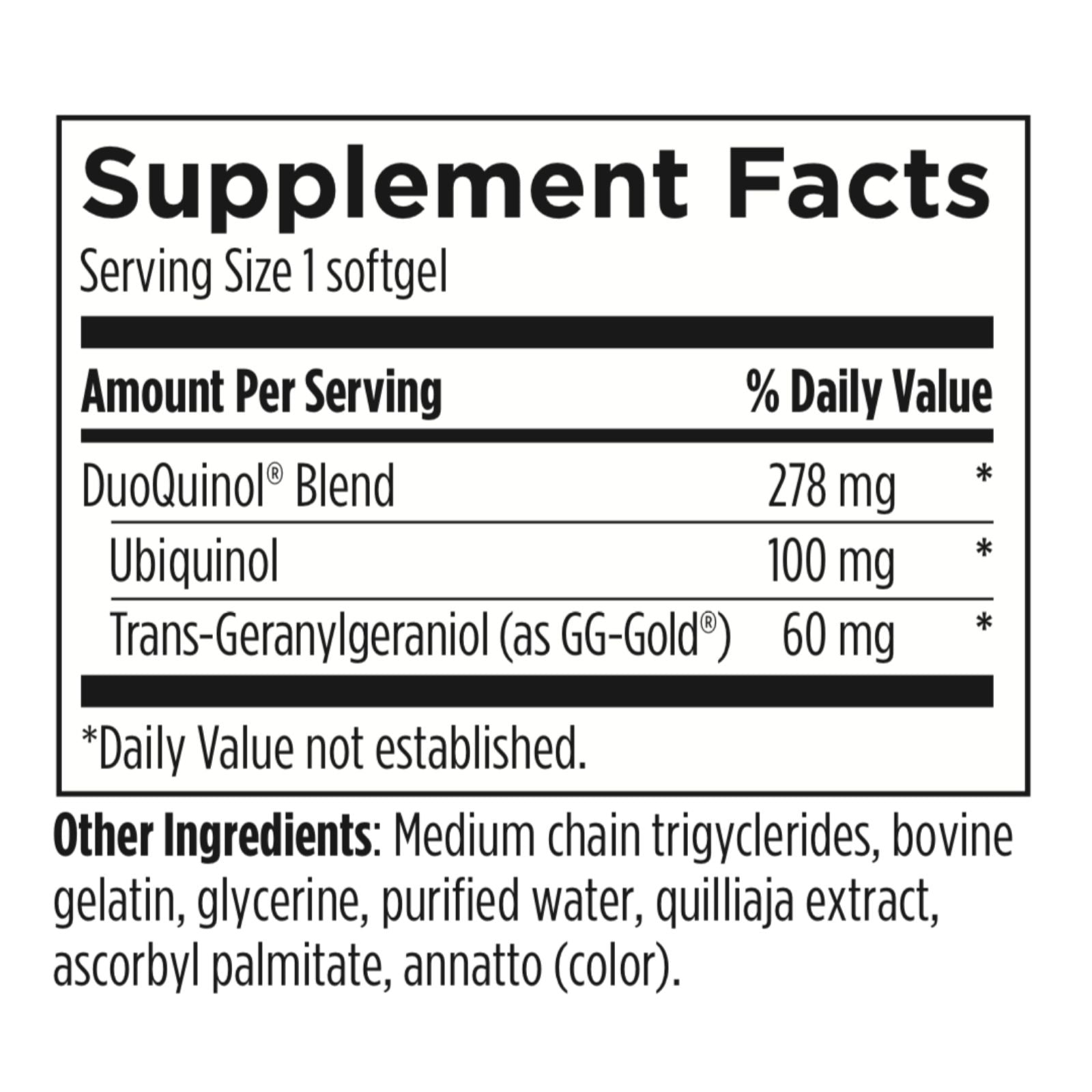 Supplement facts label with detailed nutritional information on a white background
