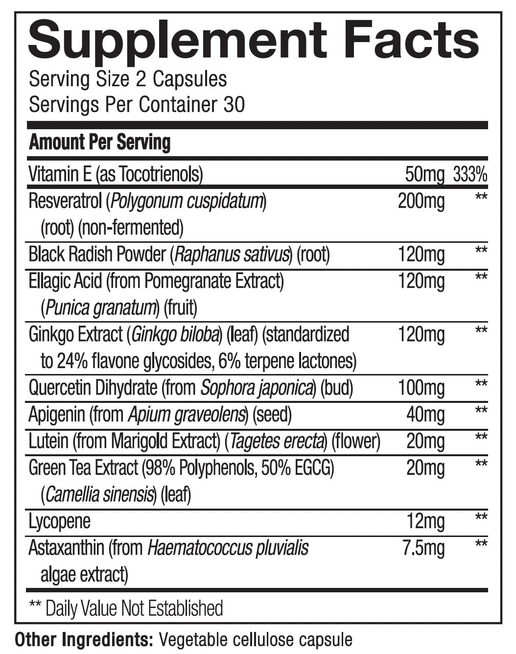 Supplement facts label with various ingredients and their amounts per serving