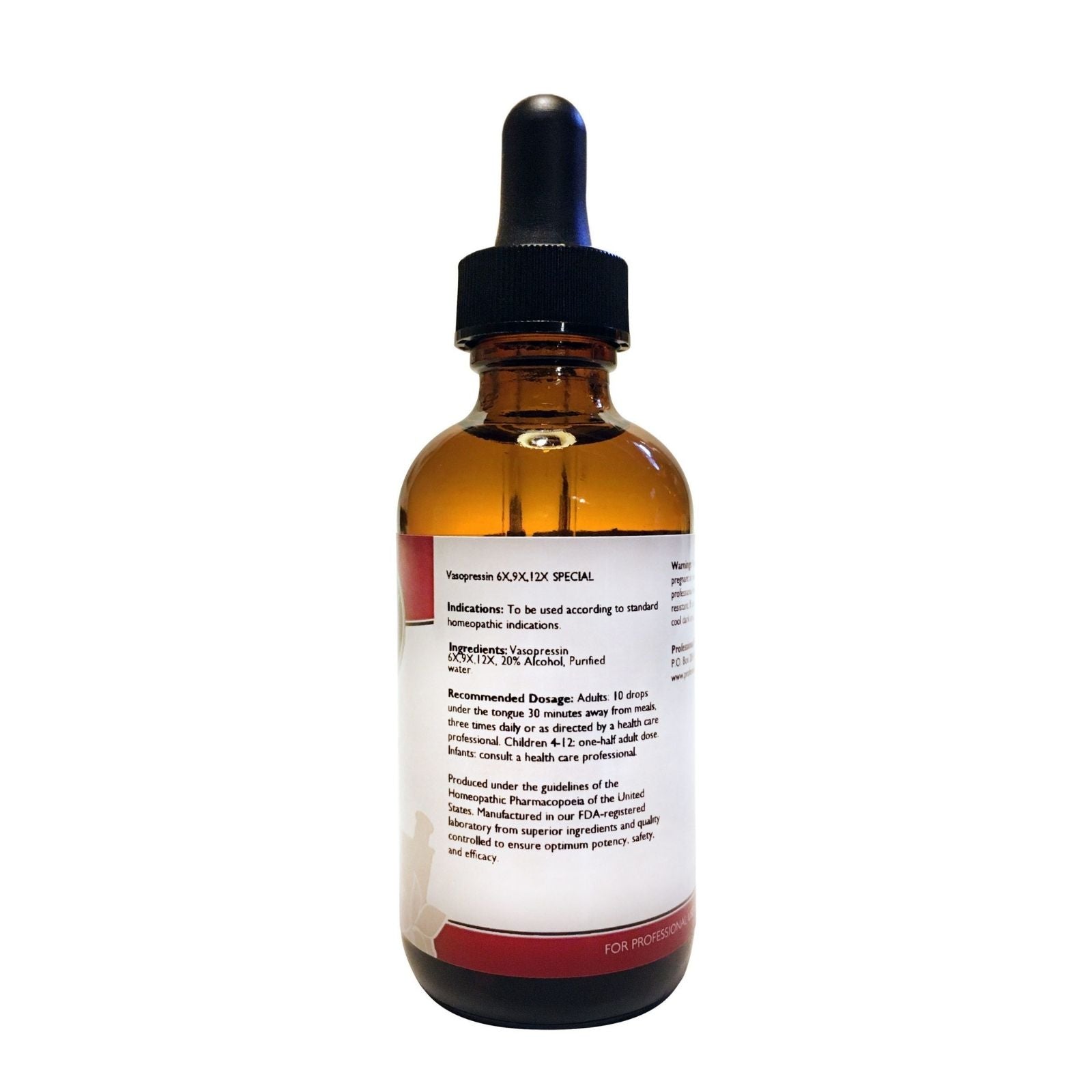Amber glass dropper bottle with a label on a white background
