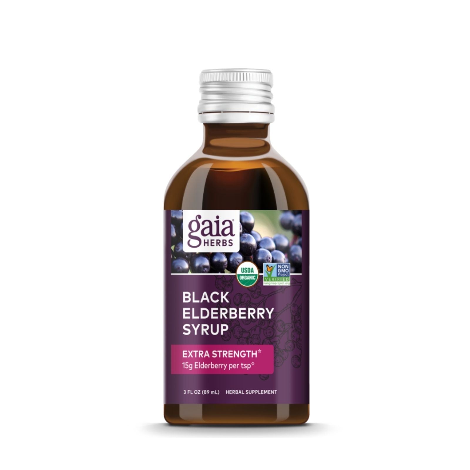 Gaia Herbs Black Elderberry Syrup bottle on a white background