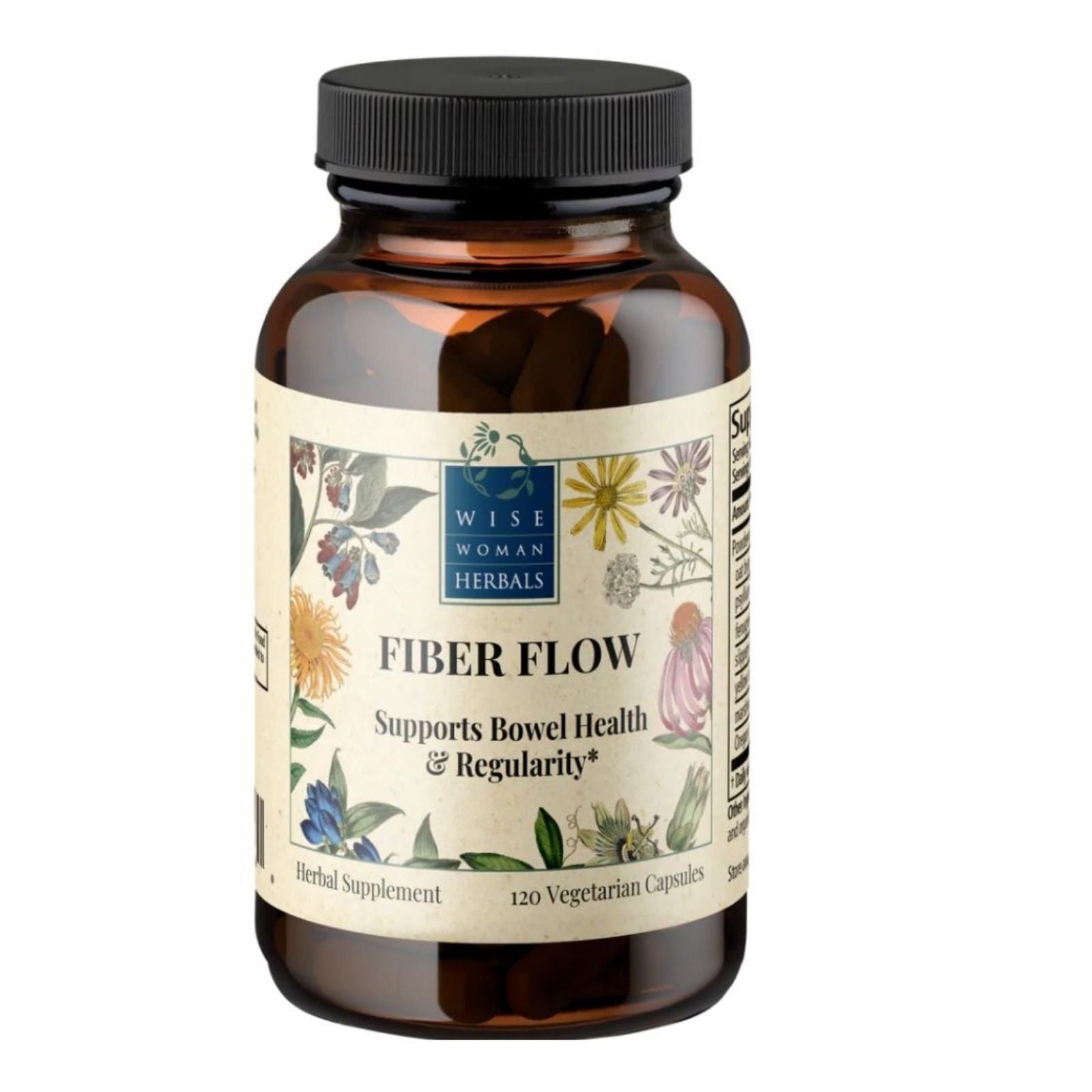 Bottle of Wise Woman Herbs Fiber Flow supplement on a white