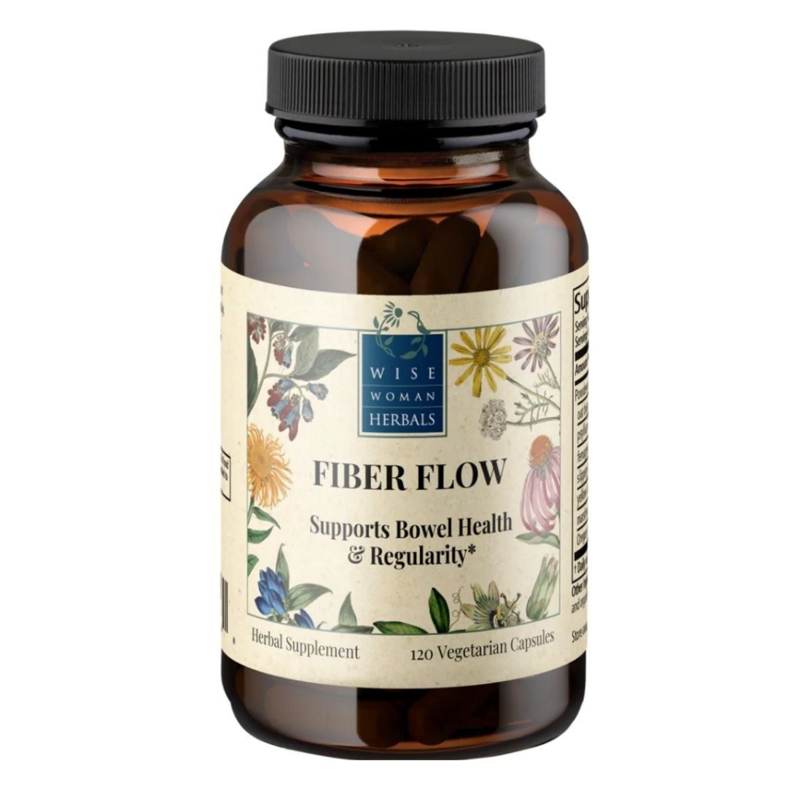 Bottle of Wise Woman Herbs Fiber Flow supplement on a white