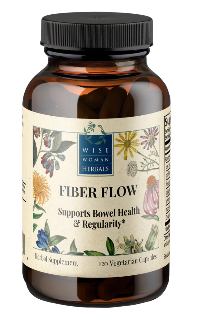 Bottle of Wise Woman Herbs Fiber Flow supplement on a white background