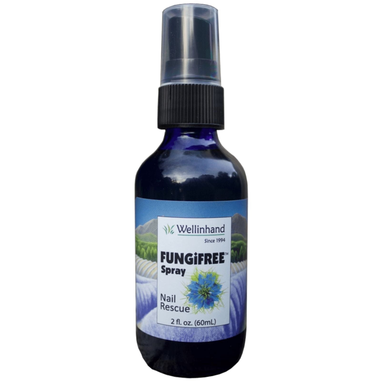 A bottle of FungiFree Nail Rescue Spray with a label featuring a blue and white design, indicating it is a topical nail care product.