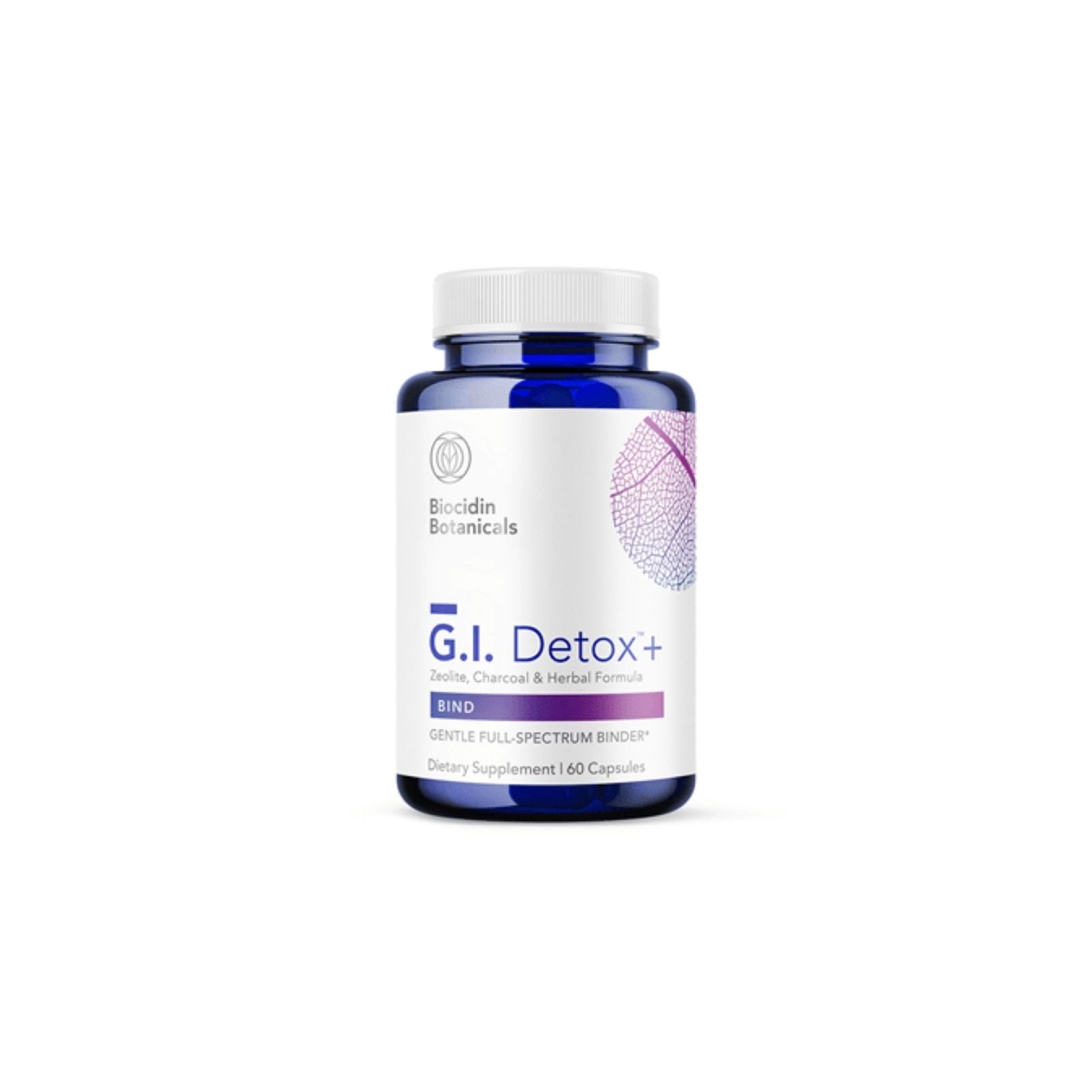 Supplement bottle labeled 'G.I. Detox+' by Biocidin Botanicals on a white background
