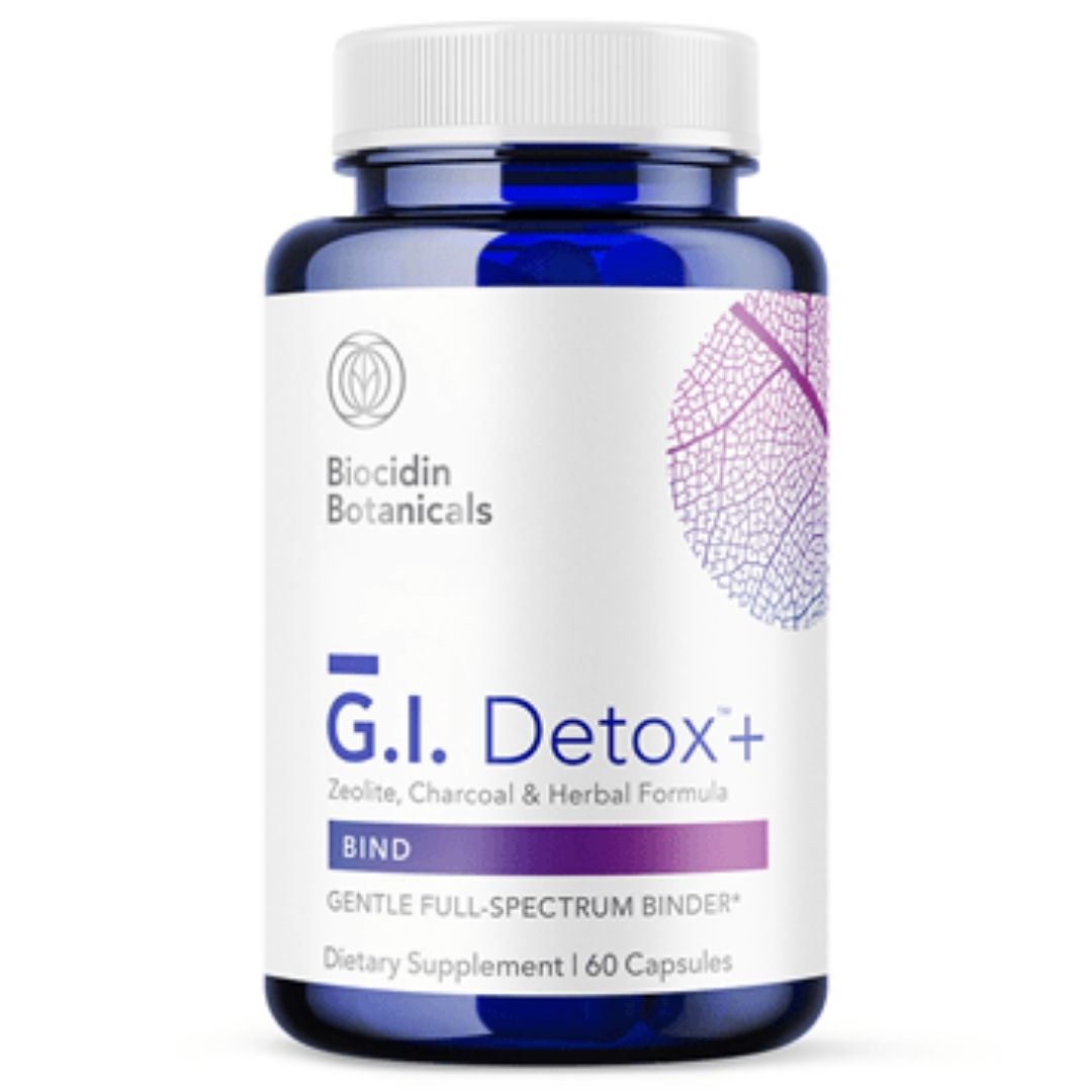 Supplement bottle labeled 'G.I. Detox+' by Biocidin Botanicals on a white background