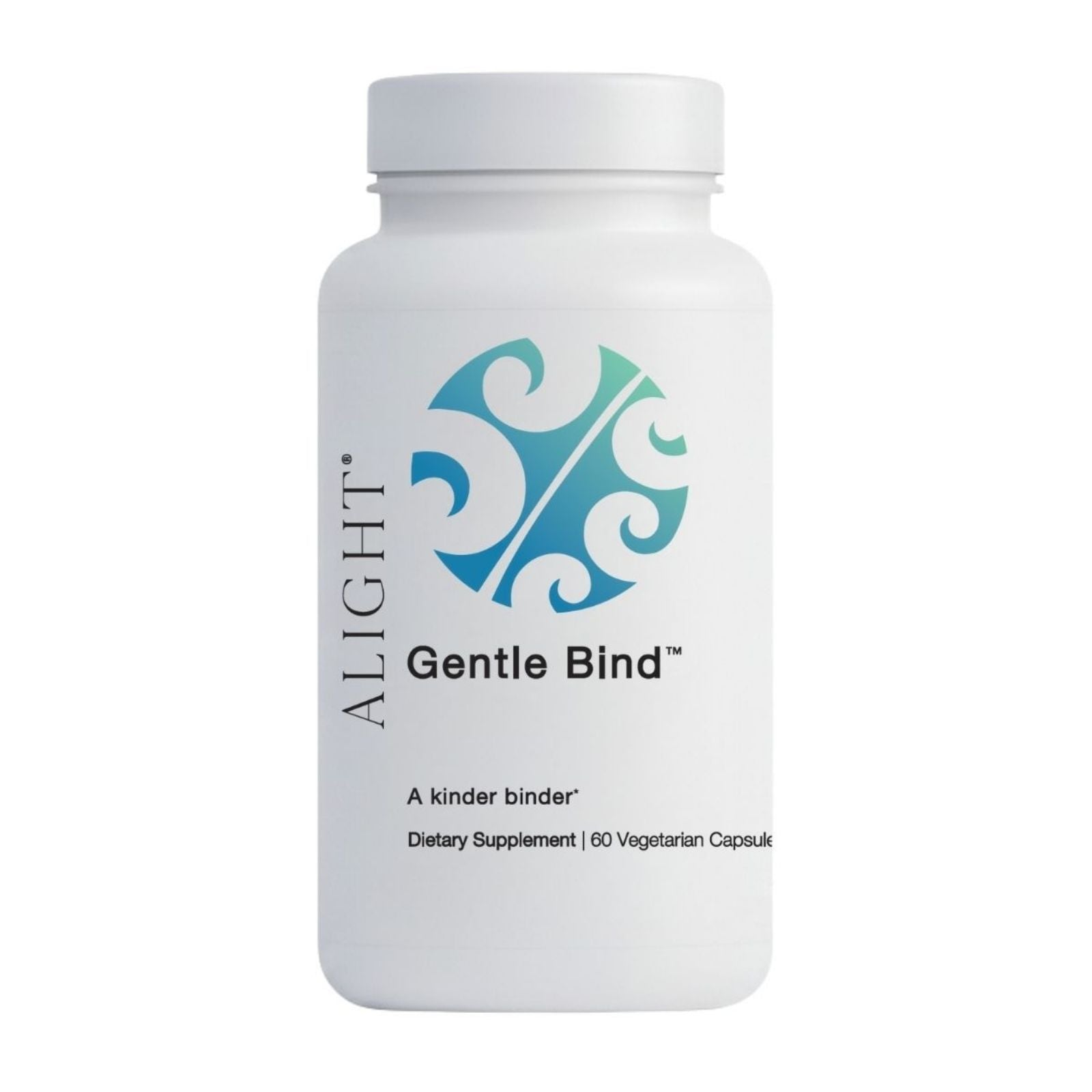 Supplement bottle labeled 'Alight Gentle Bind' on a white background