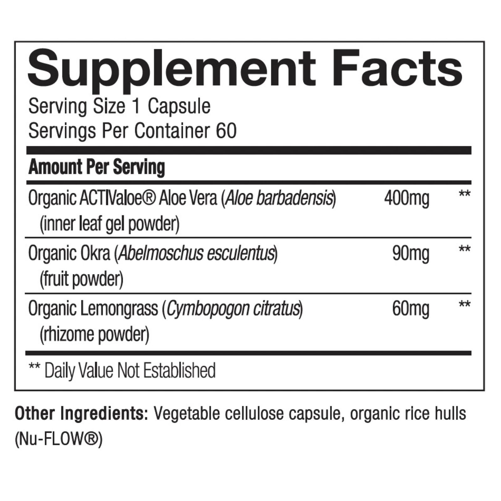 Supplement facts label for Aloe Vera Extract on a white background