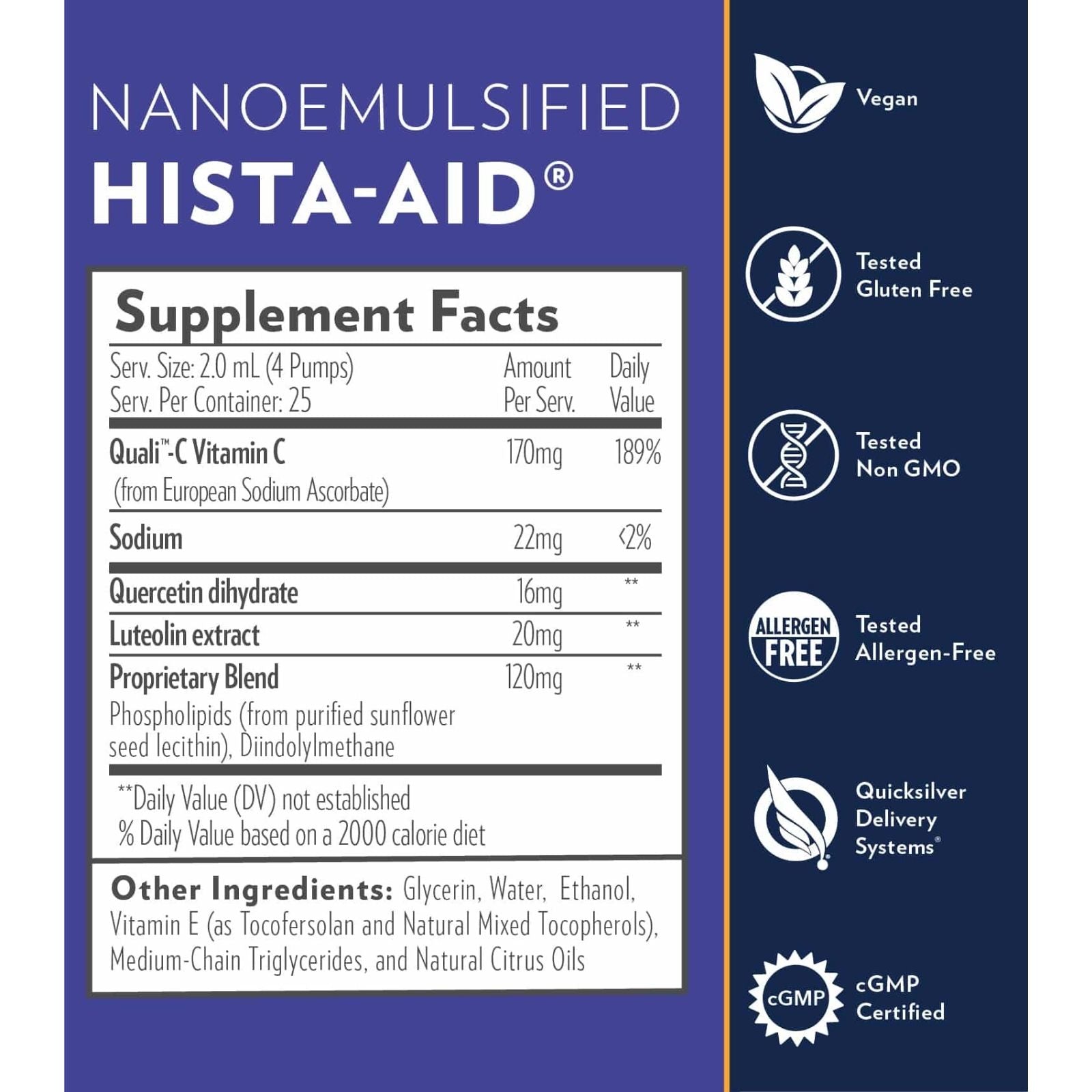 Supplement label for Nanoemulsified Hista-Aid with ingredient list and certification icons on a blue background.