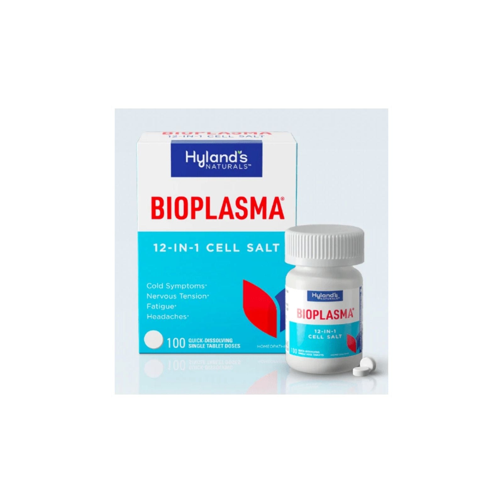 Packaging and bottle of Bioplasma 12-in-1 Cell Salt by Hyland's Naturals, with the product name and benefits listed on the box.