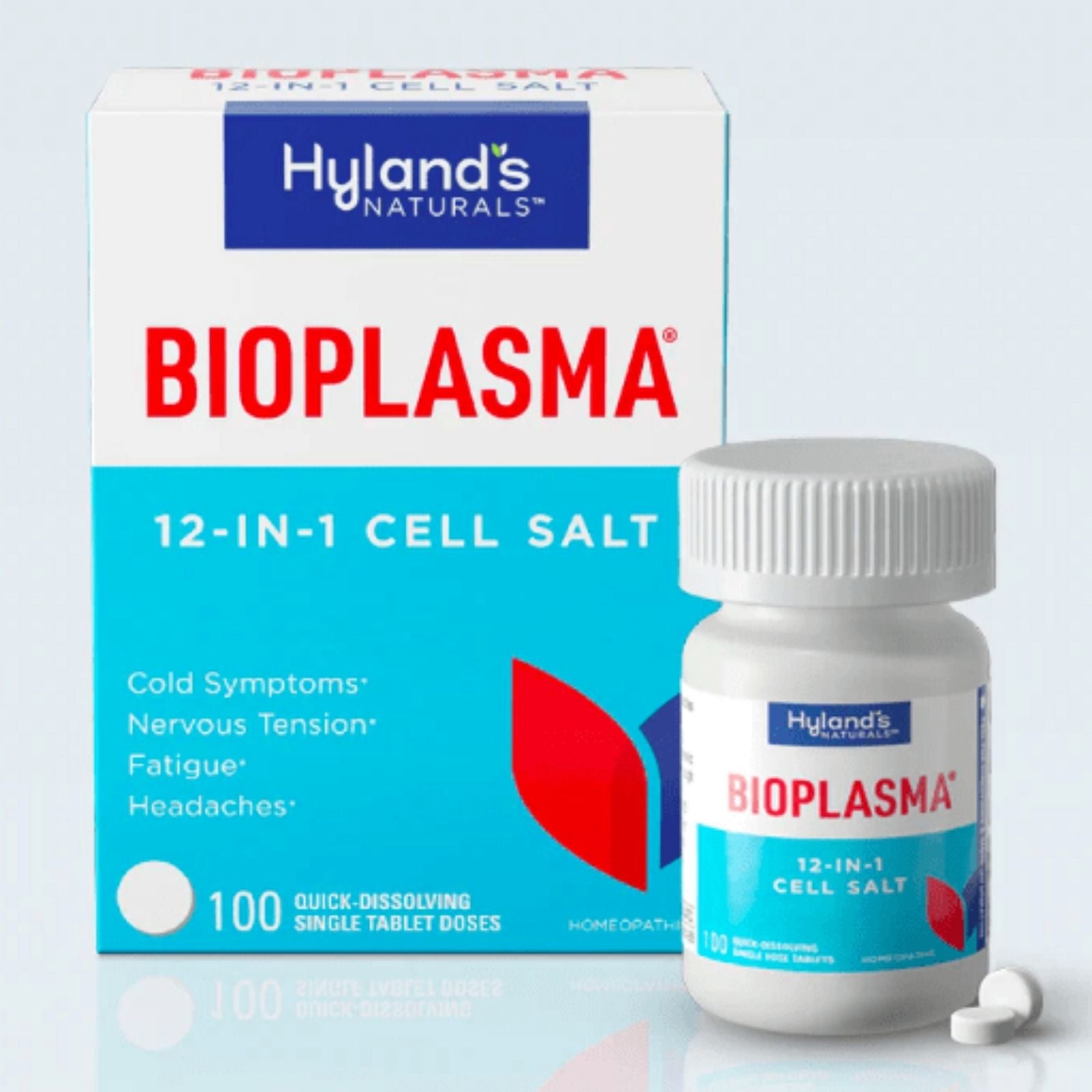 Packaging and bottle of Bioplasma 12-in-1 Cell Salt by Hyland's Naturals, with the product name and benefits listed on the box.
