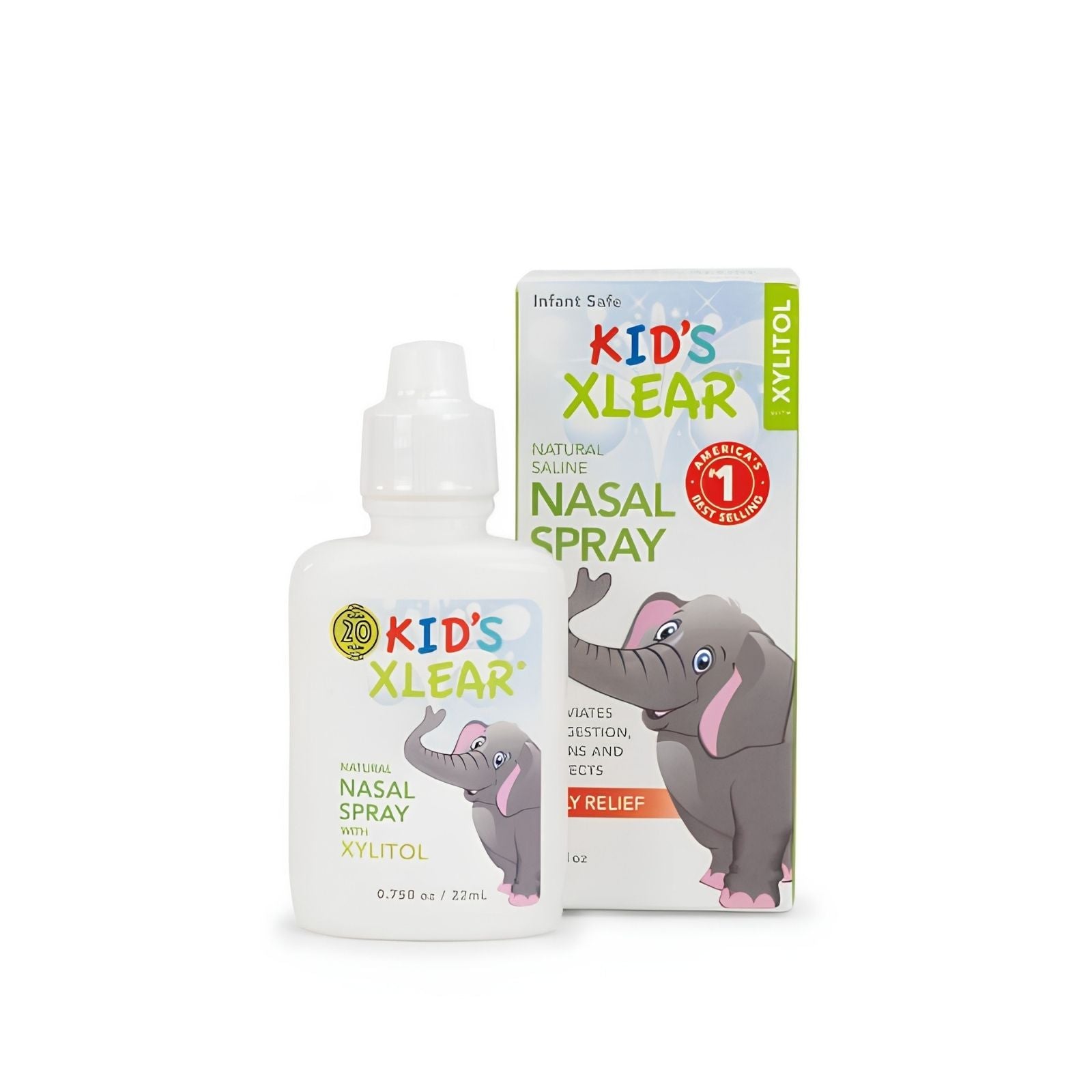 Kid's Xlear nasal spray bottle and packaging on a white background