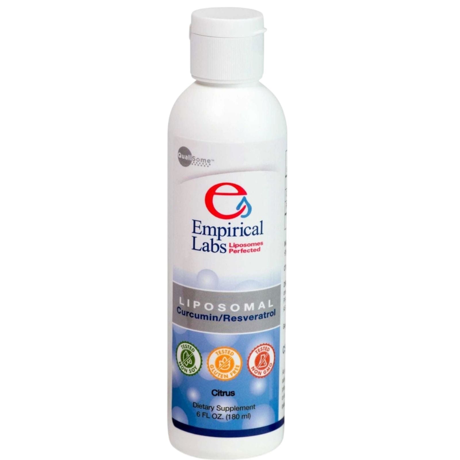 Bottle of Empirical Labs Liposomal Curcumin/Resveratrol supplement with labels indicating the ingredients and benefits.