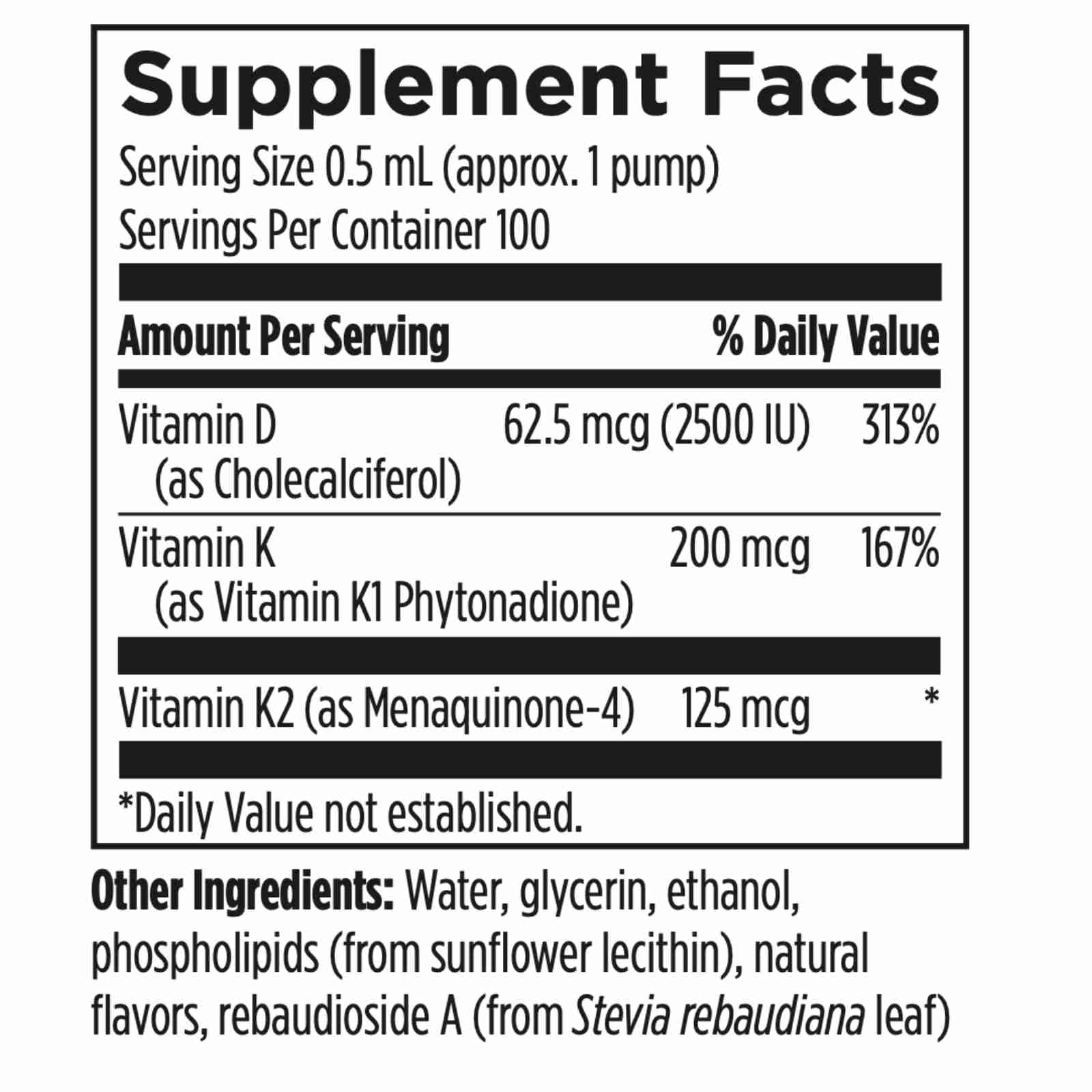 Supplement facts label with vitamins D, K, and K2 on a white background