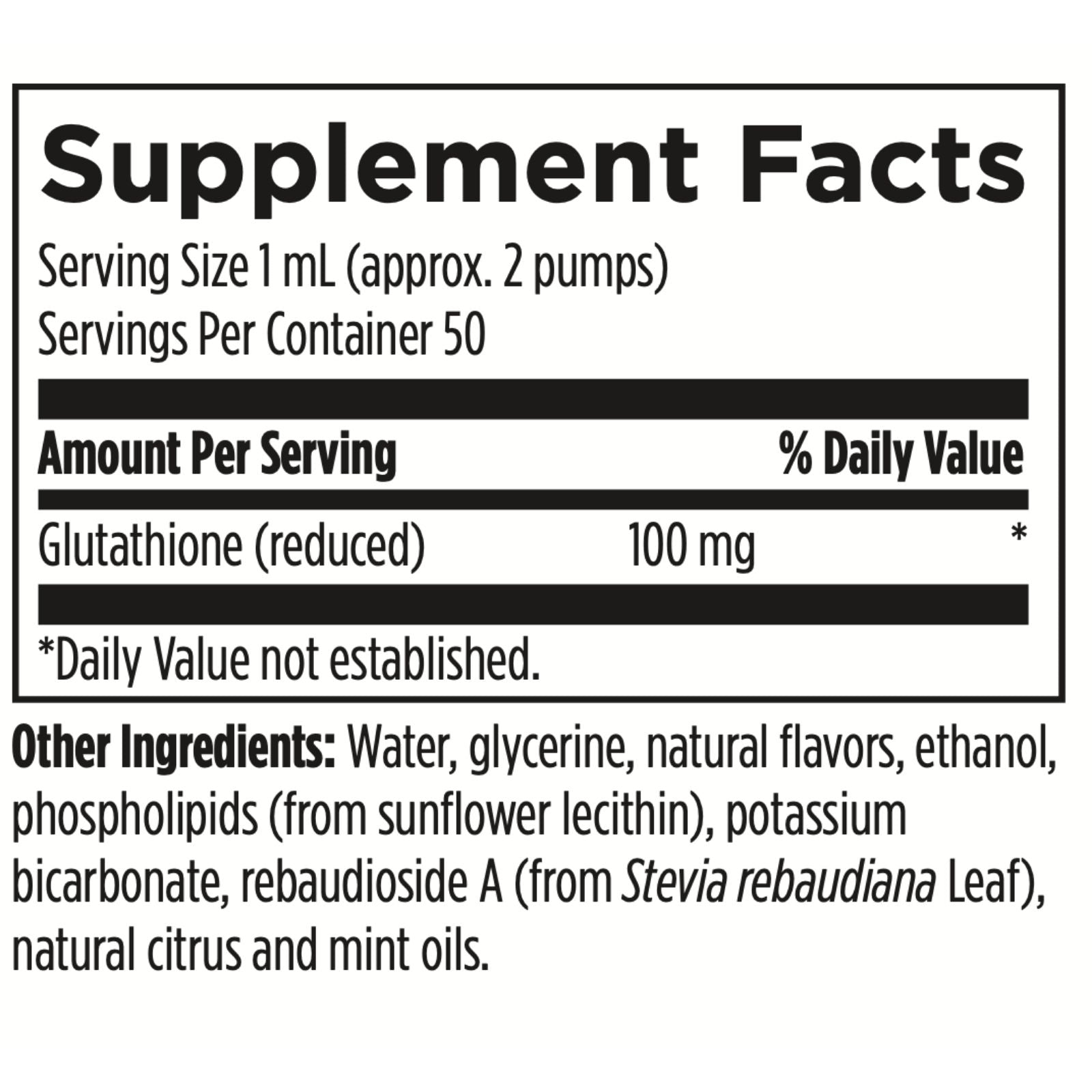 Supplement facts label with glutathione content and ingredient list on a white background