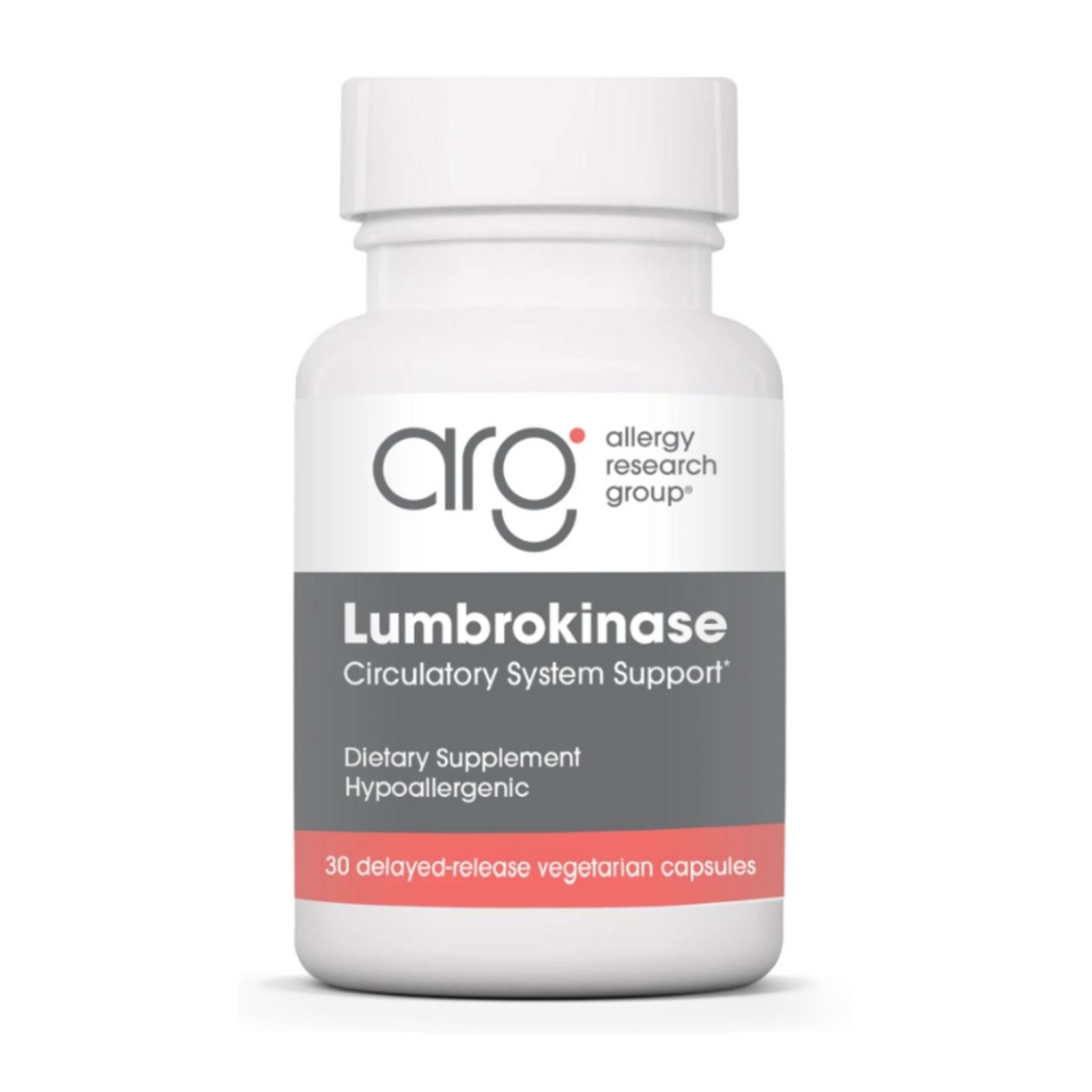 Bottle of Allergy Research Group Lumbrokinase dietary supplement on a white background