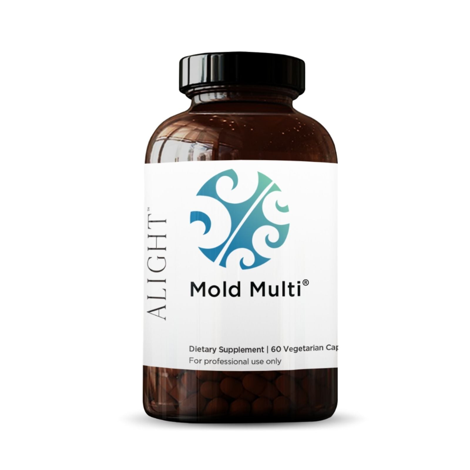 Supplement bottle labeled 'Mold Multi' with a white label and brown body on a white background.
