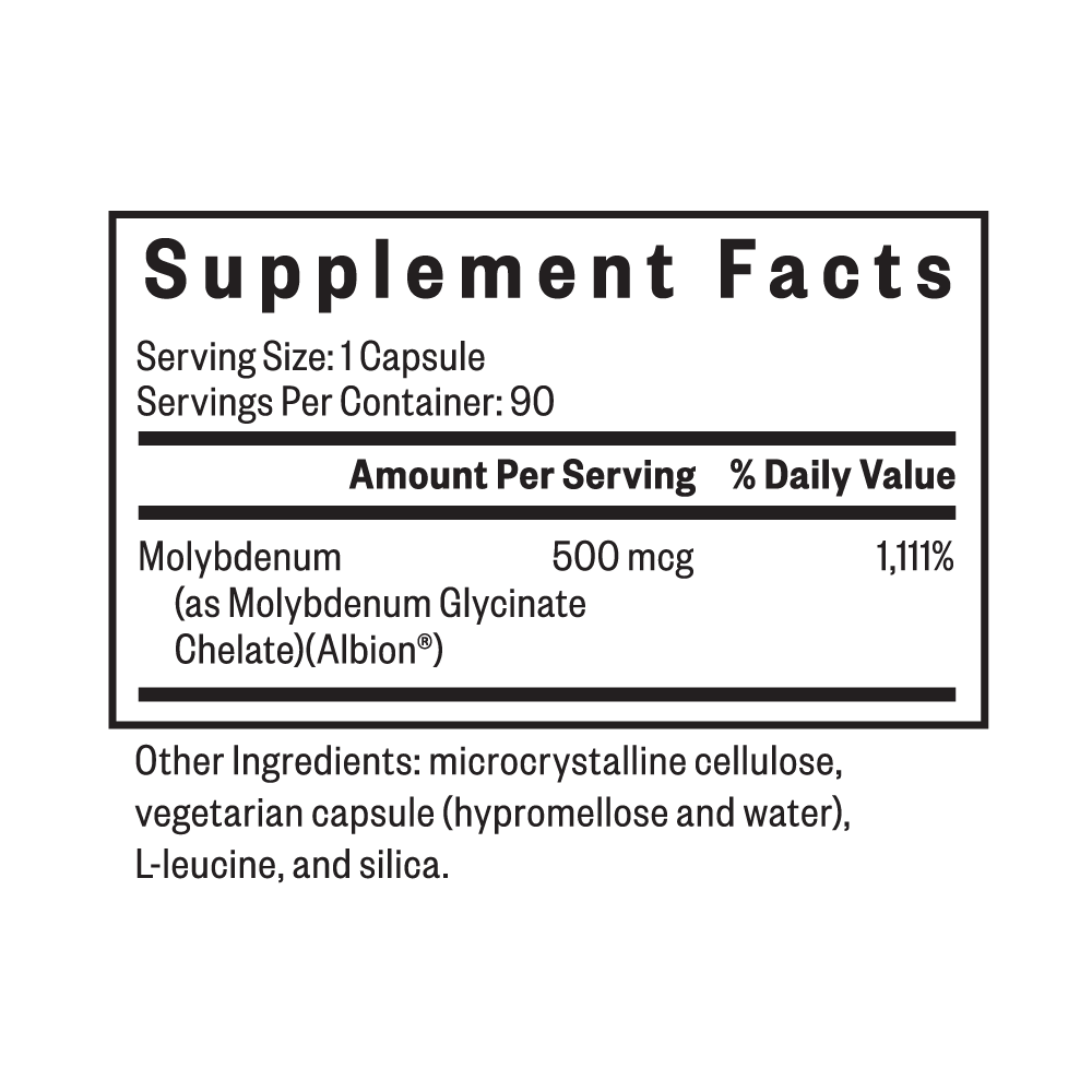 Supplement facts label with molybdenum content on a white background