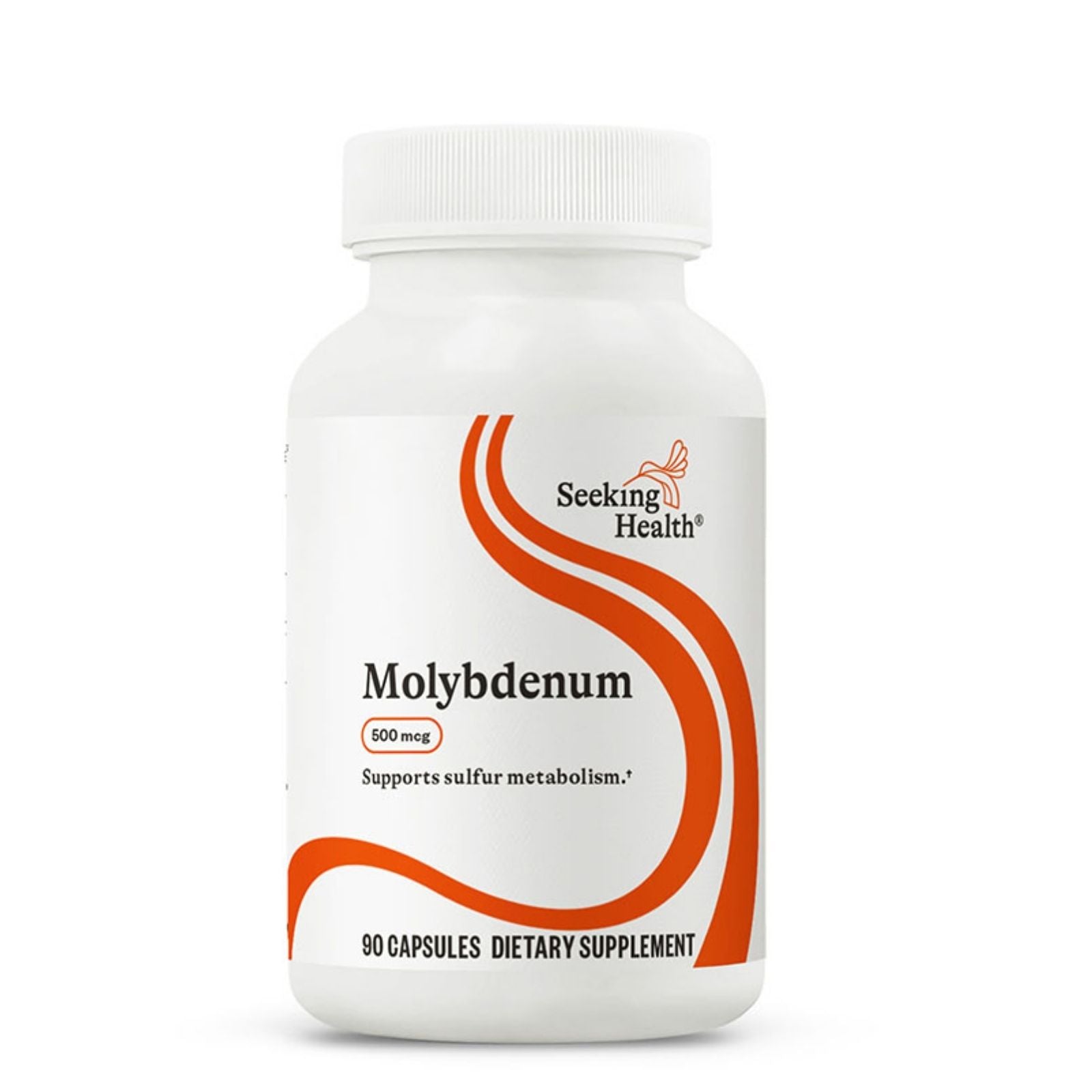 Supplement bottle labeled 'Seeking Health Molybdenum' on a white background