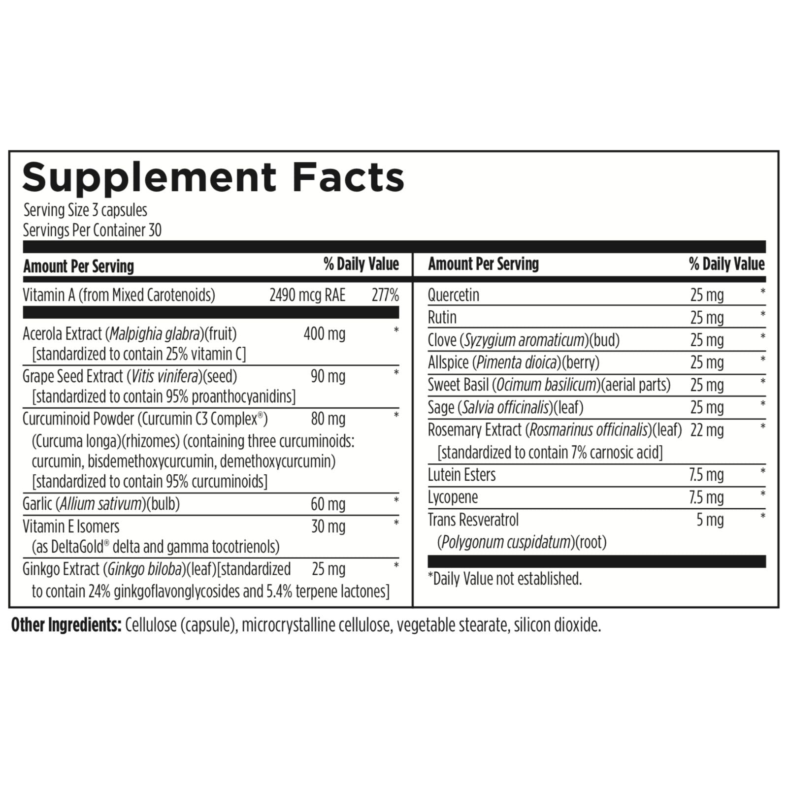 Supplement facts label with various nutrients and their amounts per serving.