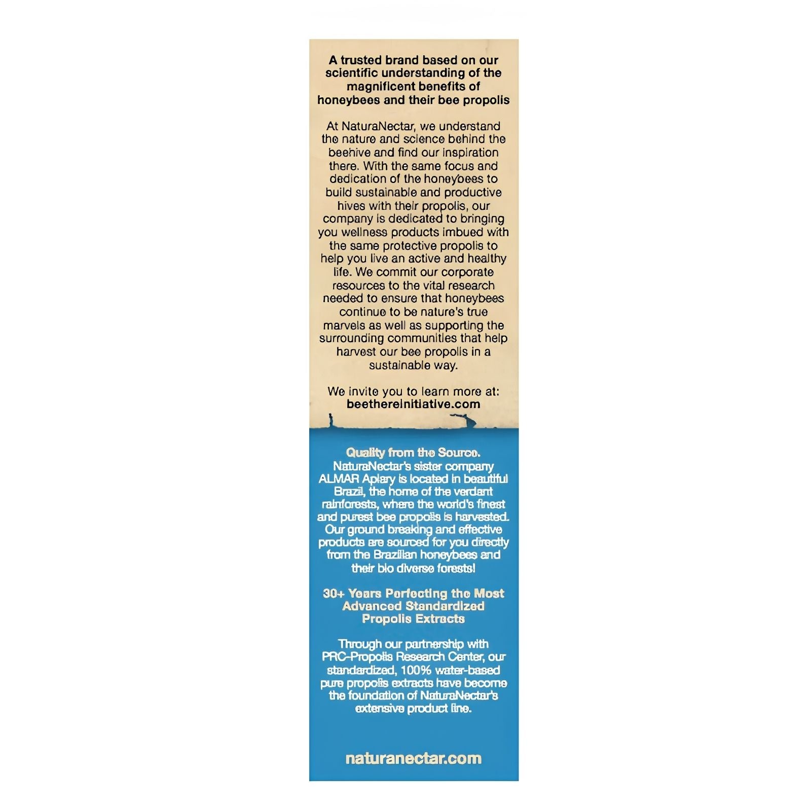 NaturaNectar product label with text about bee welfare and propolis