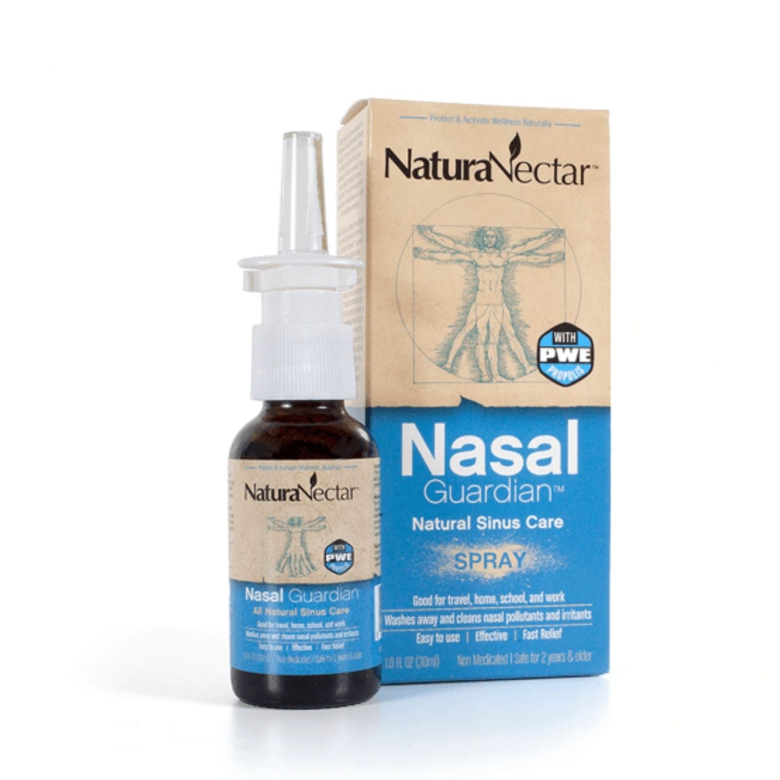 Packaging and bottle of Nasal Guardian natural sinus care spray, with product information and branding visible.