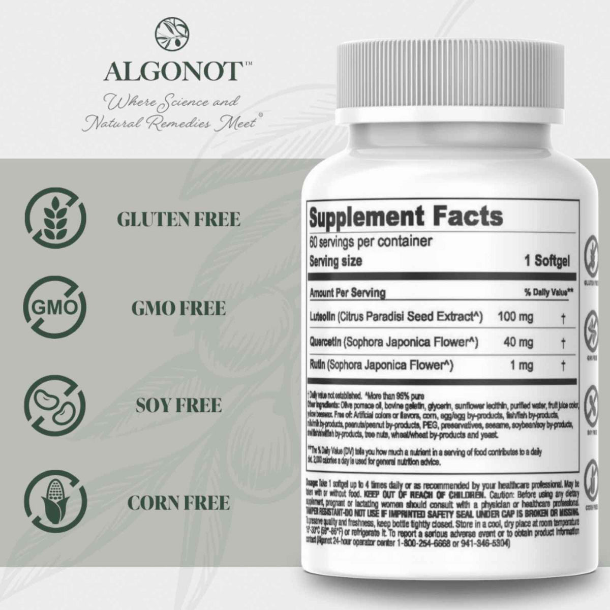 Supplement package with Algonot branding and supplement facts label.