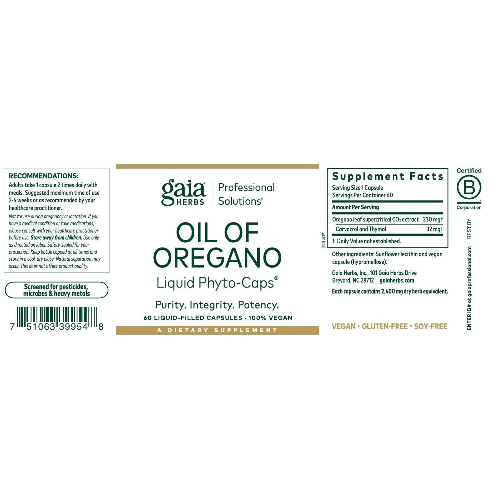 Supplement label for Oil of Oregano by Gaia Herbs with supplement facts and product details.