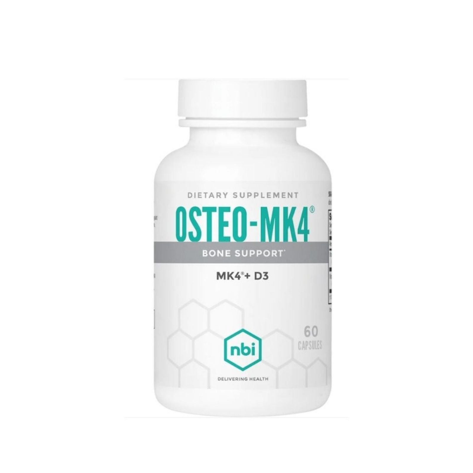 Supplement bottle labeled 'OSTEO-MK4' for bone support on a white background
