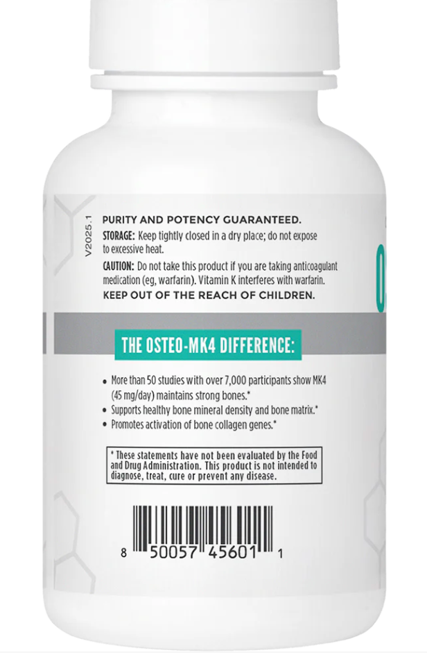 Back label of a Osteo-MK4 supplement bottle with text and a barcode on a white background