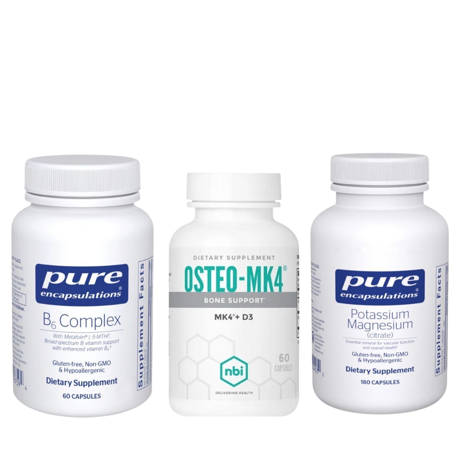 Three dietary supplement bottles on a white background