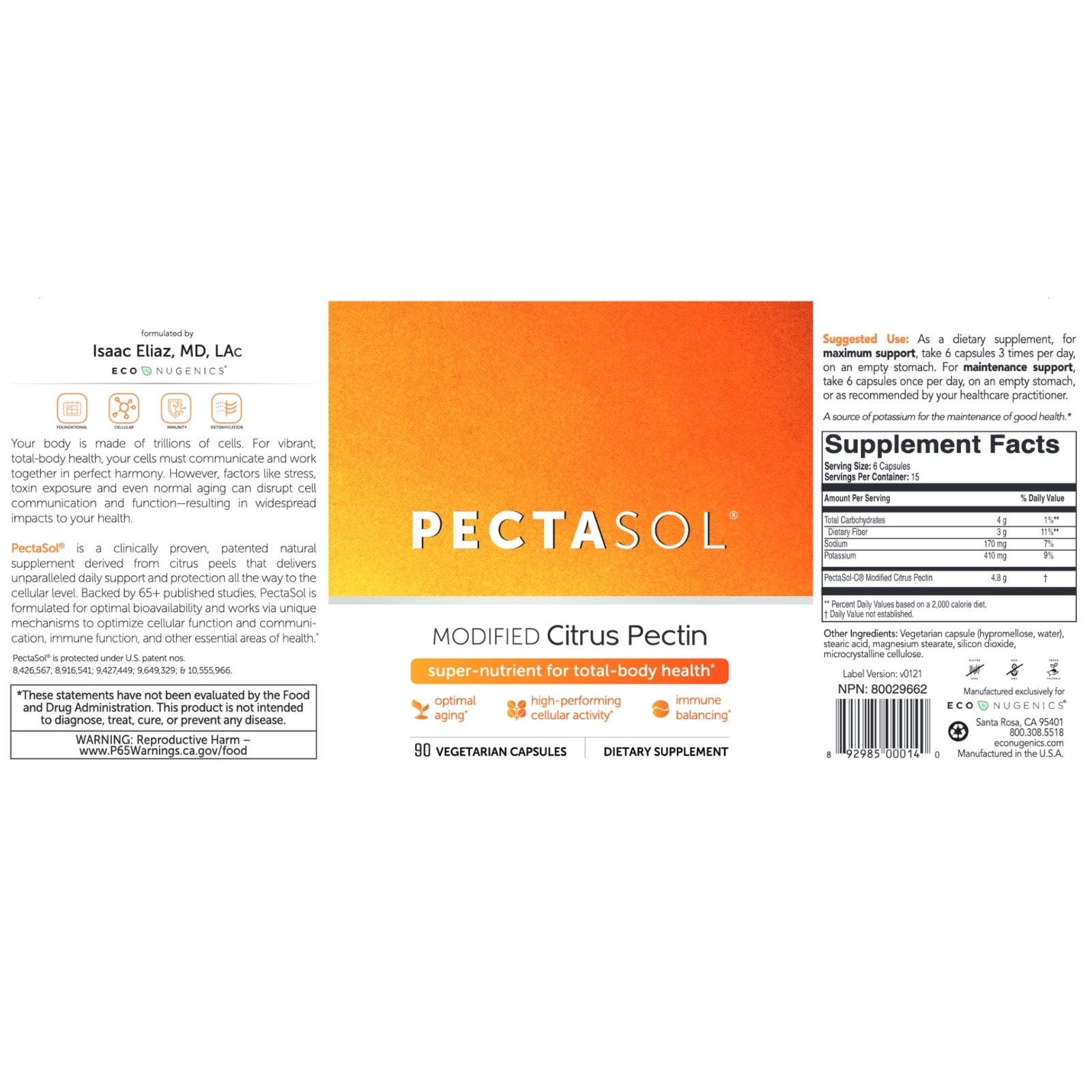 Supplement label for Pectasol with orange and white design