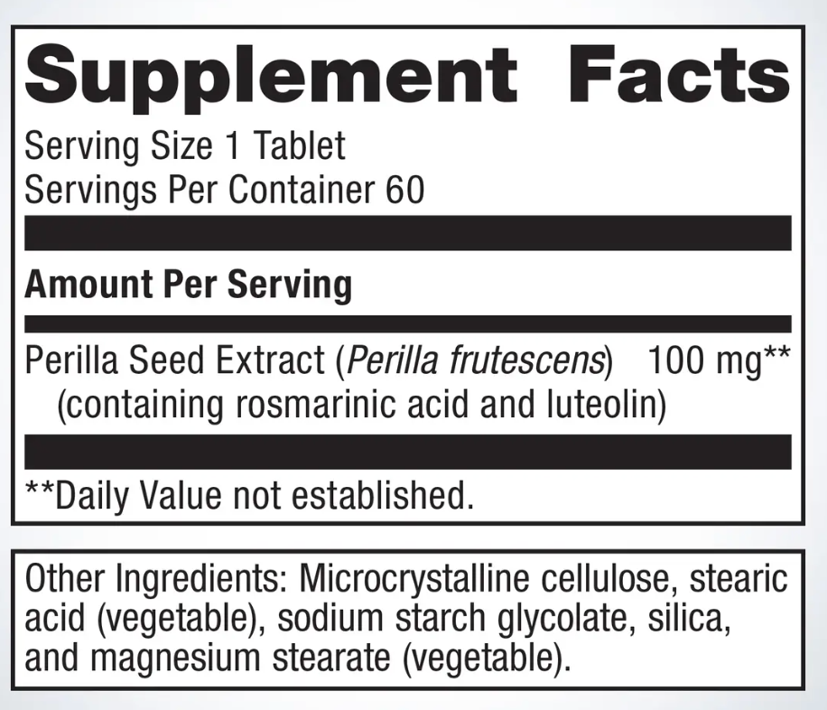 Supplement facts label for Perilla Seed Extract on a blue background