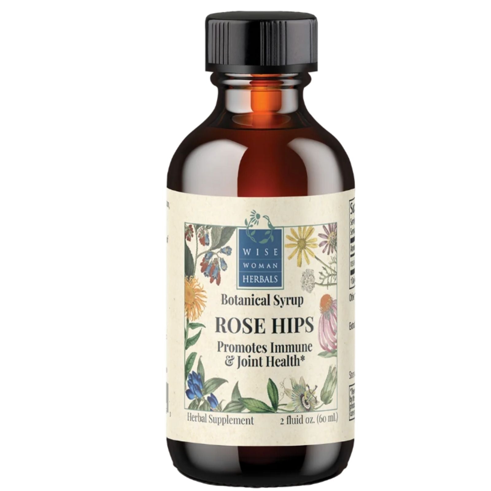 Bottle of Wise Woman Herbs Rose Hips Botanical Syrup on a white background