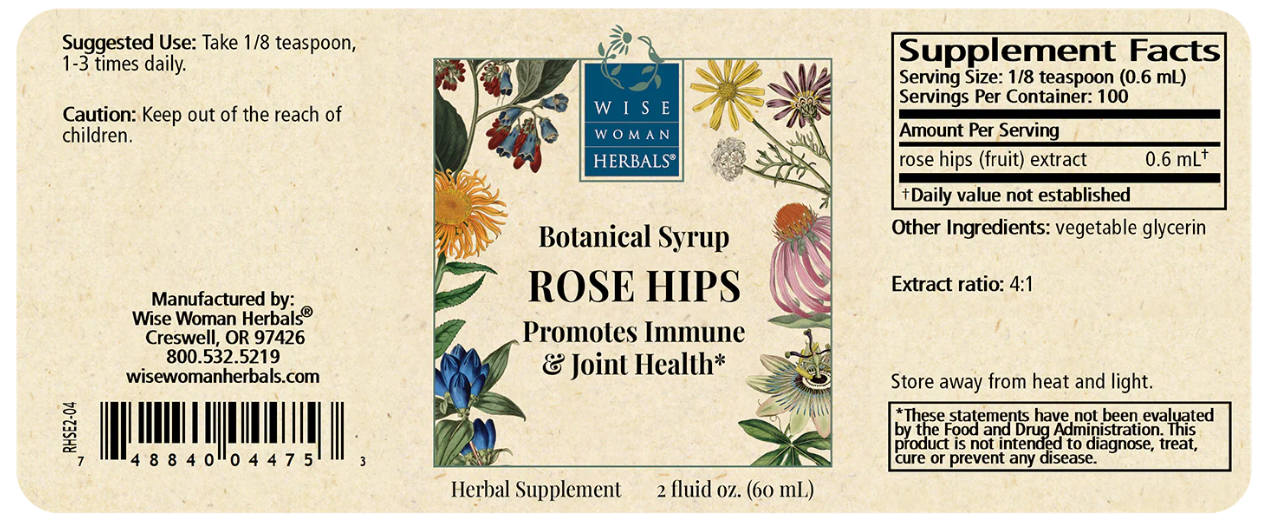 Label of Wise Woman Herbs Botanical Syrup with botanical illustrations and supplement facts.