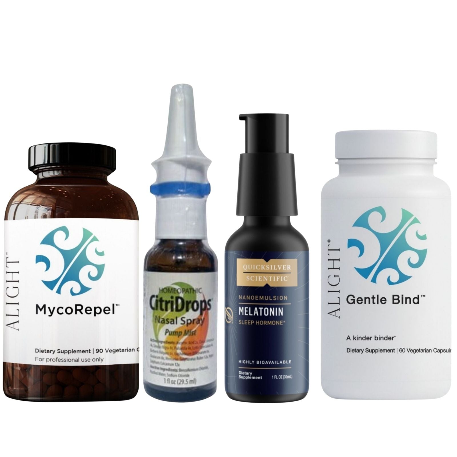 A set of five health supplement products including a nasal spray, a bottle of capsules, a dropper bottle, and two bottles of supplements, all labeled with their respective product names and brands.